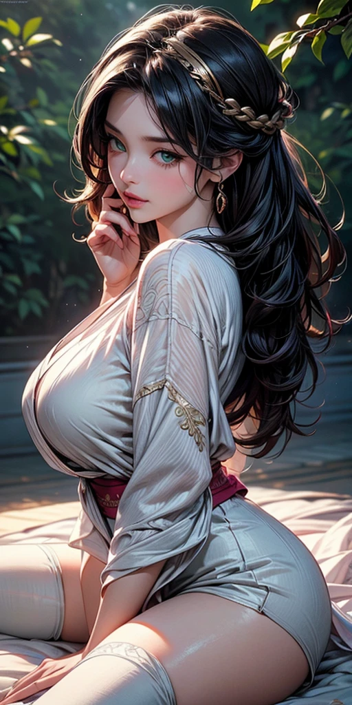 masterpiece, best quality, night, hill, clouds, full moon, long hair, woman, silhouette, fireflies, looking at viewer, medium breast,drunk blush , full clothes, luxury clothes