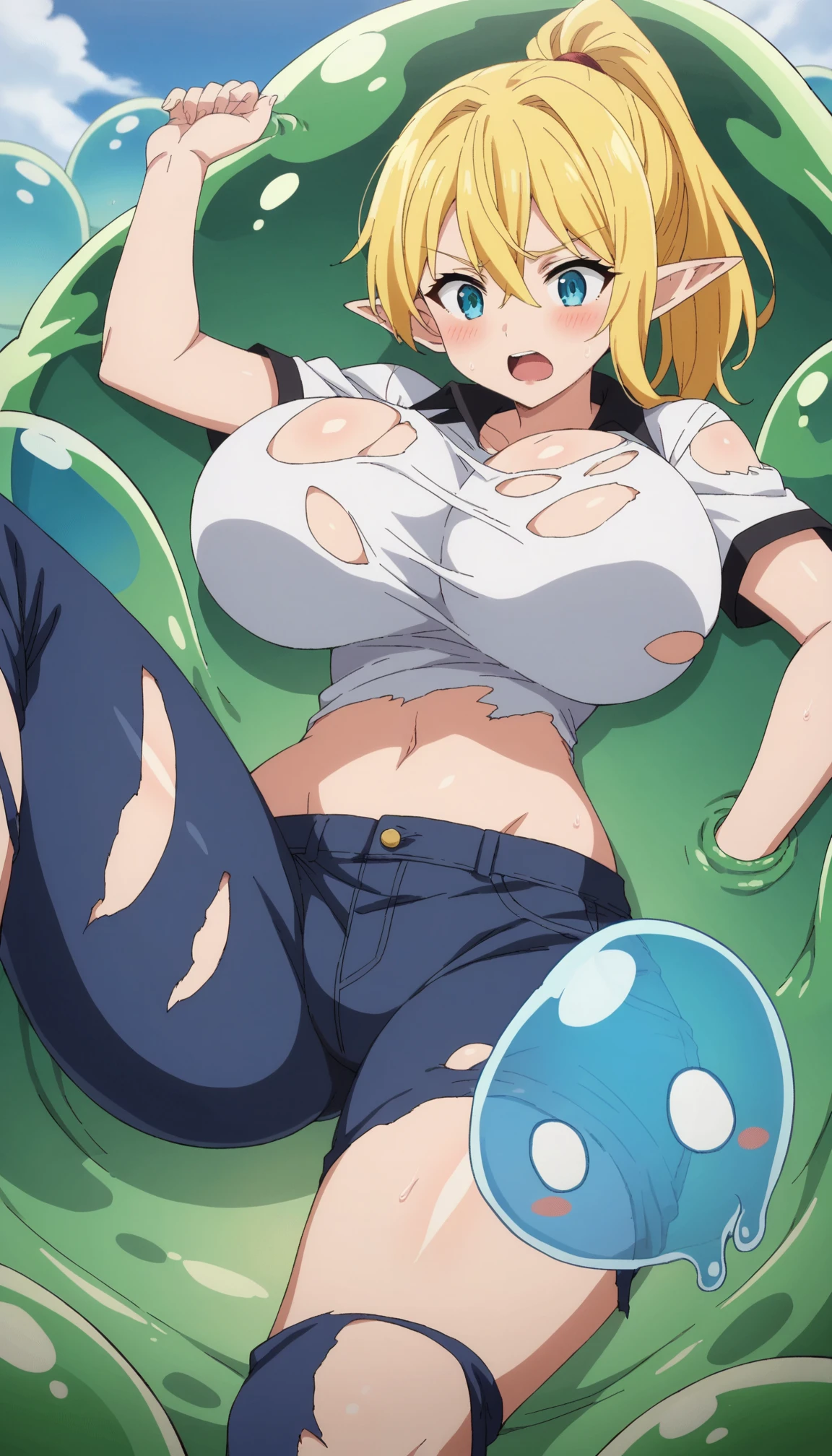 Striped undressed dragon ball covered in translucent slime and sweat does yoga