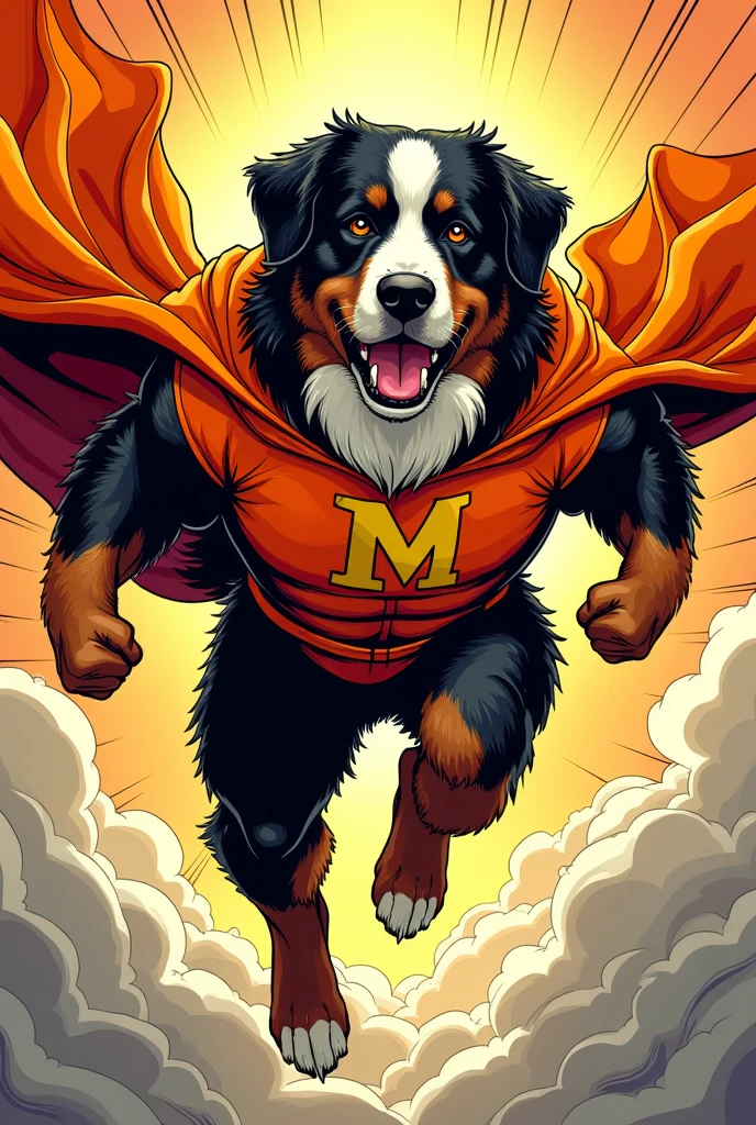 Marvel movie poster oil painting of a Bluetick Coonhound cat as a massive muscular superhero wearing an orange and white superhero costume with a stylized "T" logo on his chest, heroic pose, cape, Tennessee autumn hills background, in the style of a Frazetta oil painting
