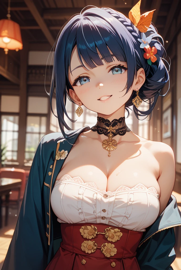 top-quality、Top image quality、​masterpiece、girl with((18year old、Best Bust、Medium bust、Bust 85,Beautiful blue eyes、Breasts wide open,Black Short Sleeve T-Shirt、White see-through、Black short skirt、Ponytail with black hair、Smile Face、Beautiful blue earrings、A slender、Blue hair mesh、sparking eyes,sit a chair、Face to face with your audience、Kneeling at the table and slouching)）hiquality、Beautiful Art、Background with((Red and blue lighting、Stylish restaurant at night、Stylish table、White Wine Bottle、White Wine Glasses)),masutepiece、Elaborate design、visualart、depth of fields、The best lighting、highestdetailed、8ｋ