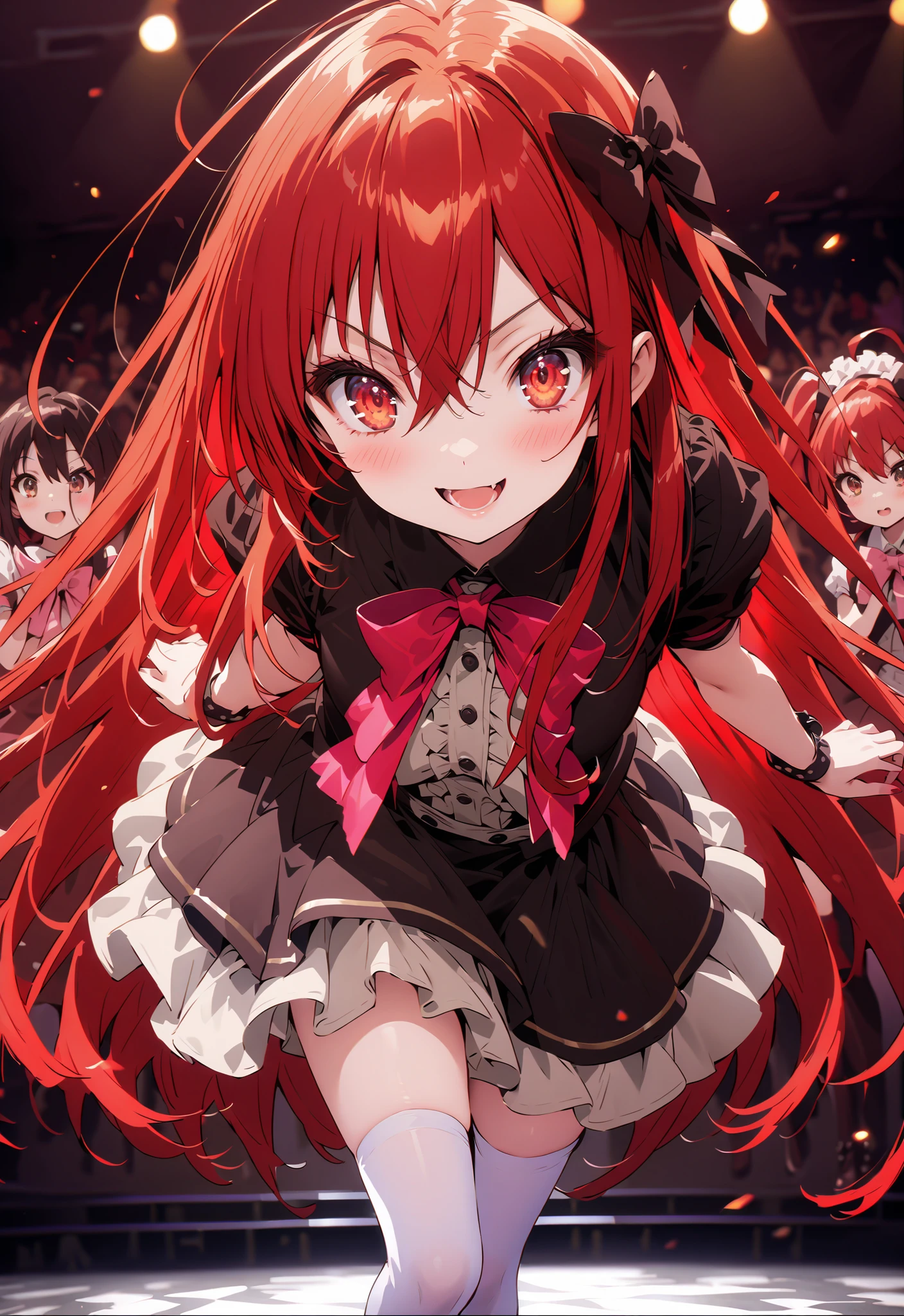 score_9, score_8_up, score_7_up, source_anime,,Shana ,solo, very long hair, red hair, red eyes, stupid hair,small, small ,smile,blush,open your mouth,idol costume,dress,collared dress,jacket,cropped jacket,Short sleeve,bowtie,bow,button,villages with,(white knee-highs:1.2),boots,アイドル歌手がライブ ステージで熱狂的に歌うシーンillustration,the idol singer stands in the center of the stage, idol singers sing with microphones , idol singers are serious and impressive ,The singer's voice is strong and beautiful. , fans gather around the stage , fans sing and dance with idol singers Idol singers who do things ,The Big Picture, Various colored lights ,,break looking at viewer,full body,
breakindoors,Concert Hall,
break (masterpiece:1.2), best quality, high resolution, Unity 8Kの壁紙, ( illustration :0.8), (beautiful detailed eyes:1.6), Highly Detailed Face, perfect lighting, Highly Detailed CG, (perfect hand in h, perfect anatomy),