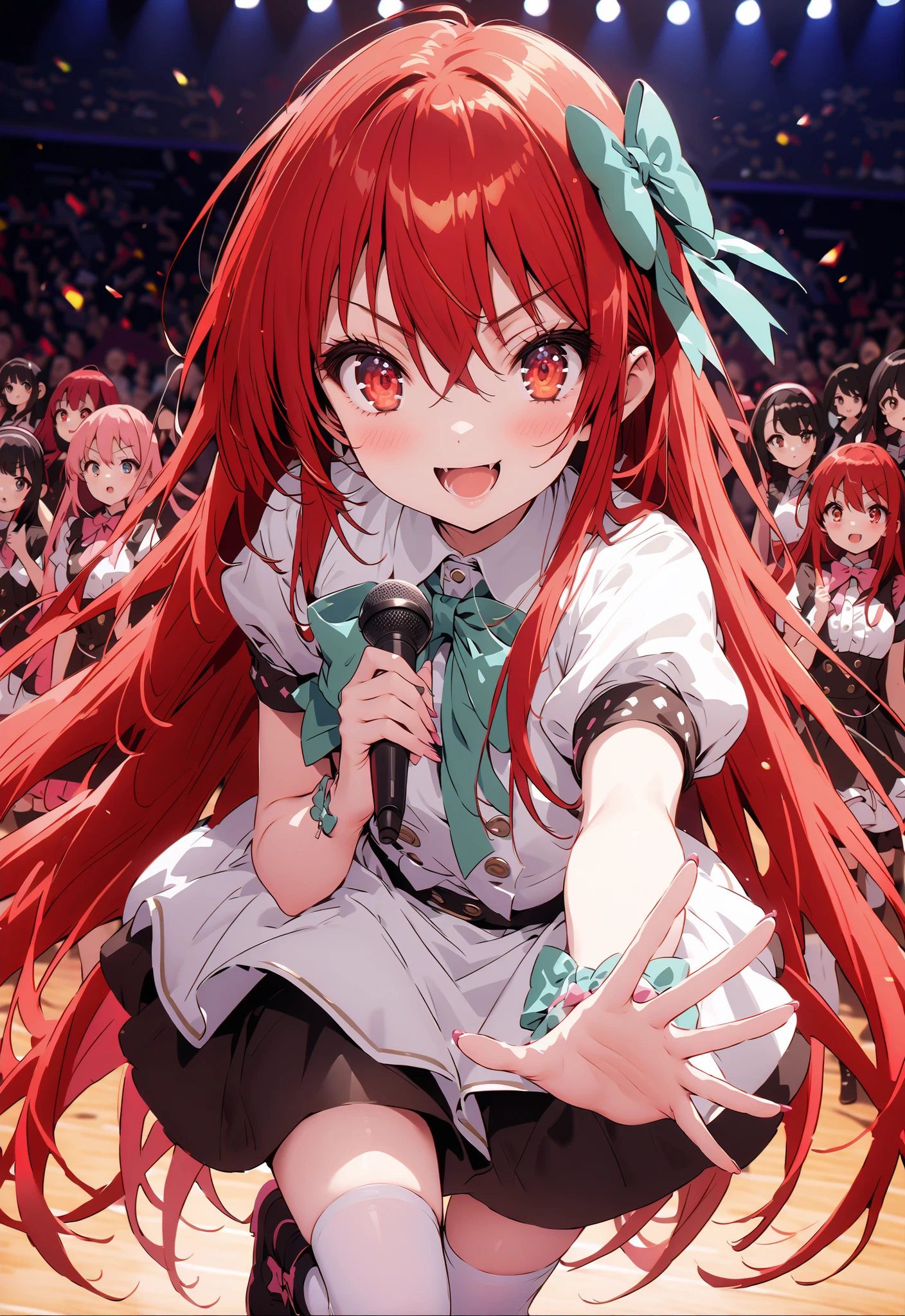 score_9, score_8_up, score_7_up, source_anime,,Shana ,solo, very long hair, red hair, red eyes, stupid hair,small, small ,smile,blush,open your mouth,idol costume,dress,collared dress,jacket,cropped jacket,Short sleeve,bowtie,bow,button,villages with,(white knee-highs:1.2),boots,アイドル歌手がライブ ステージで熱狂的に歌うシーンillustration,the idol singer stands in the center of the stage, idol singers sing with microphones , idol singers are serious and impressive ,The singer's voice is strong and beautiful. , fans gather around the stage , fans sing and dance with idol singers Idol singers who do things ,The Big Picture, Various colored lights ,,break looking at viewer,full body,
breakindoors,Concert Hall,
break (masterpiece:1.2), best quality, high resolution, Unity 8Kの壁紙, ( illustration :0.8), (beautiful detailed eyes:1.6), Highly Detailed Face, perfect lighting, Highly Detailed CG, (perfect hand in h, perfect anatomy),