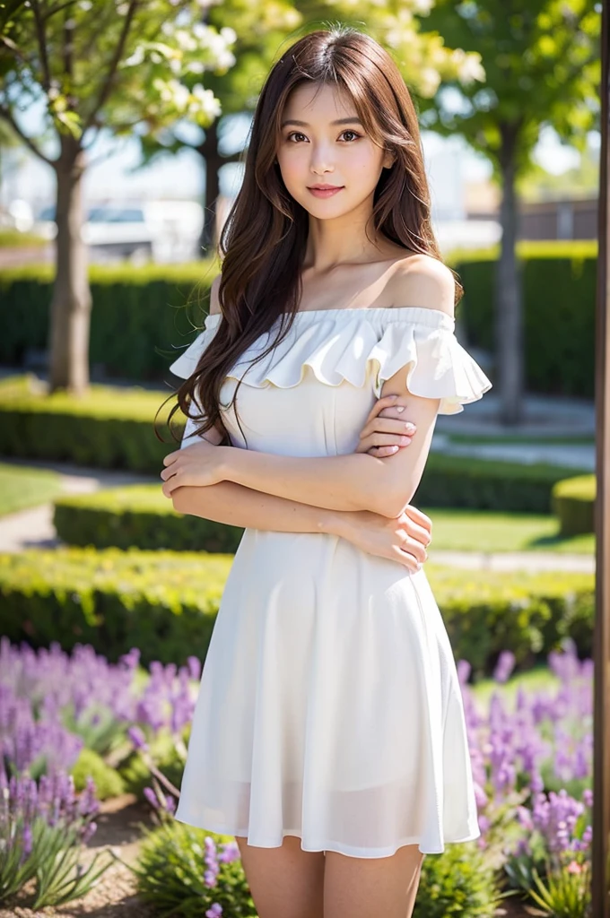 (best quality,4k,8k,highres,masterpiece:1.2),ultra-detailed,realistic,  girl, long straight black hair, bangs, beautiful detailed eyes, beautiful detailed lips, smiling, pale skin, small nose, narrow waist, ?????????????, white lacy sun dress, (steel slave collar), outdoors, vibrant colors, soft lighting, full length picture
