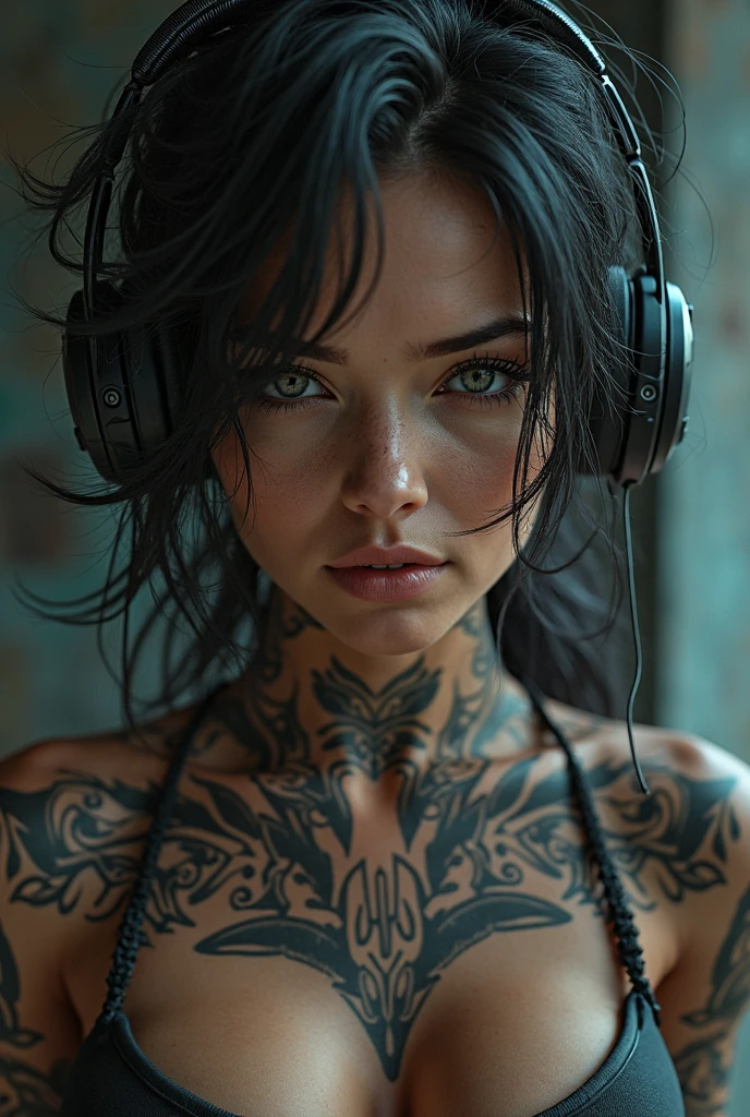 (best quality, masterpiece:1.2), side view, a beautiful woman with a full body tattoo, perfect body, wide hips, big breasts, anime style, simple lines