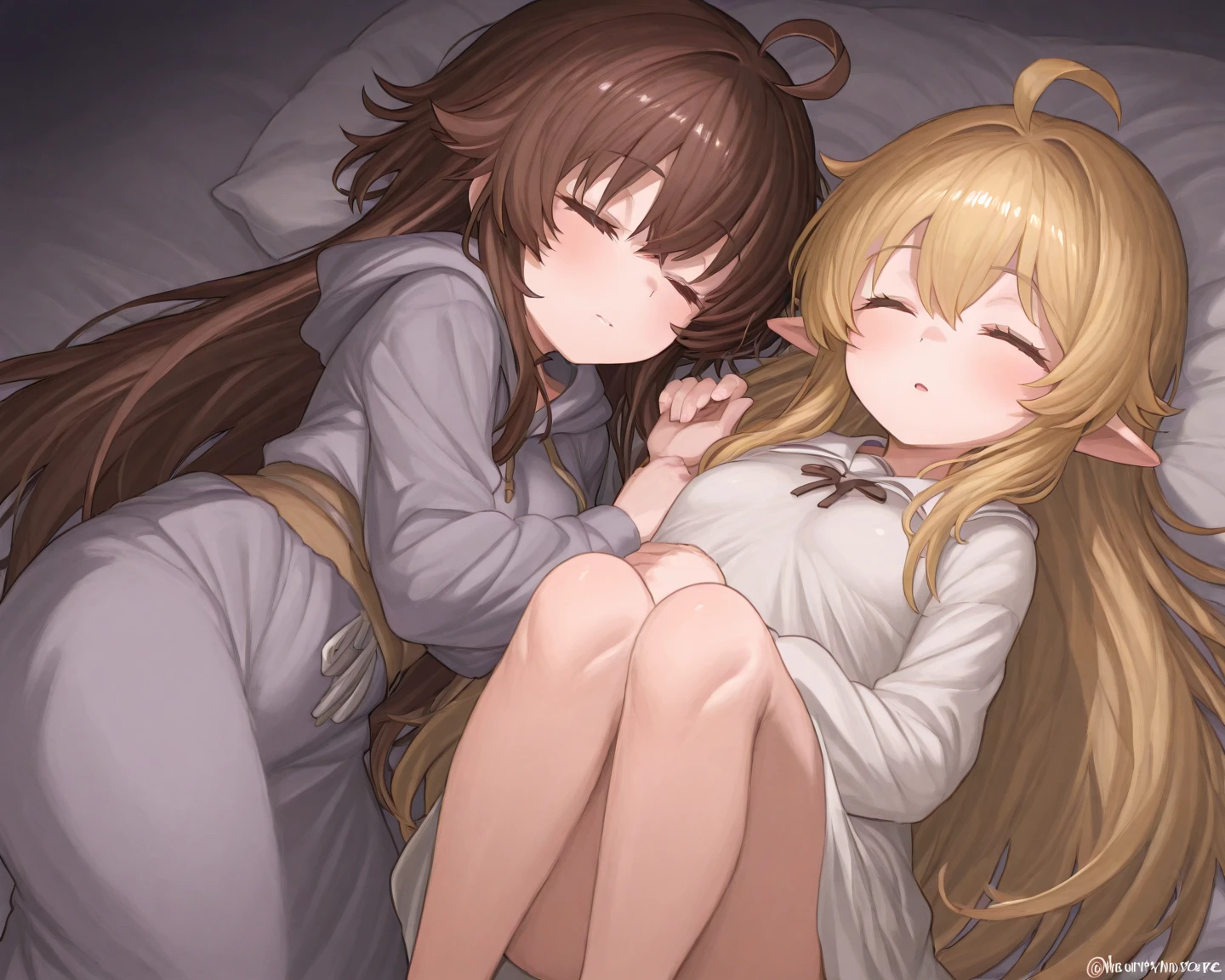 1 girl in、light brown hair、Angle from the side、Longhaire、fluffy hair、Canine ears、Dog tail、lying down and sleeping、knitted sweater、cute little、Wear oversized clothes、Sleeping face、Sleepy face、Get out of the way、Rori、Lighted interior、warm interior、in a house、top-quality、masutepiece