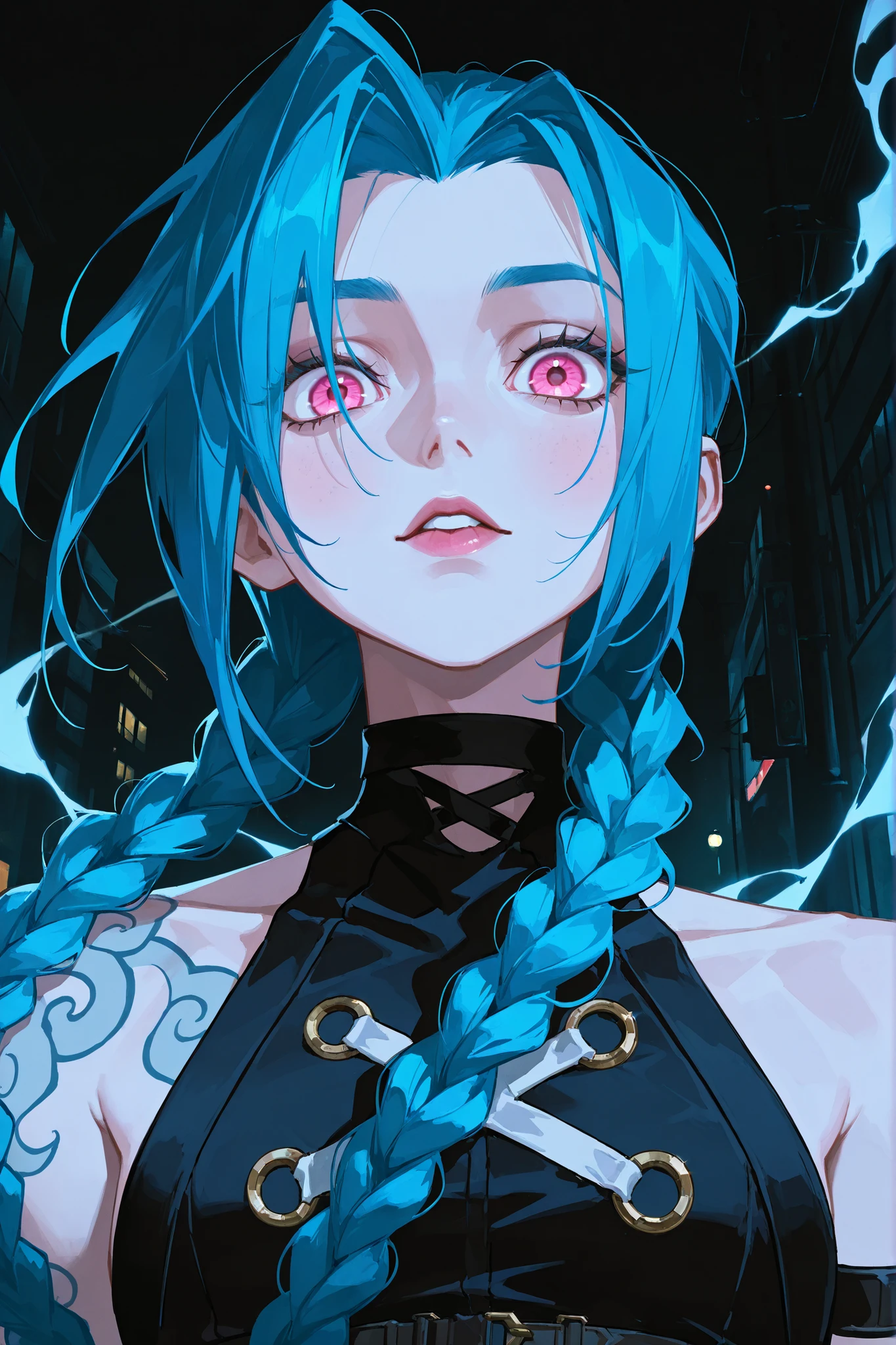 Jinx из Arcane, blue hair, long braids, very big eyes, with her eyes , hands have surprisingly wide patterns, pink eyes , Glass retina,  outfit Jinx from Arcana,  big plump lips,  rosy cheeks, turns red , sadness , shine, better quality, Glass retina, is in the dark streets of the city, blue smoke , dark background colors  ,  thin and elegant , slim, emphasis on the eyes, detailed eyes, looks at the viewer,  long lashes, bottom view,  in profile 