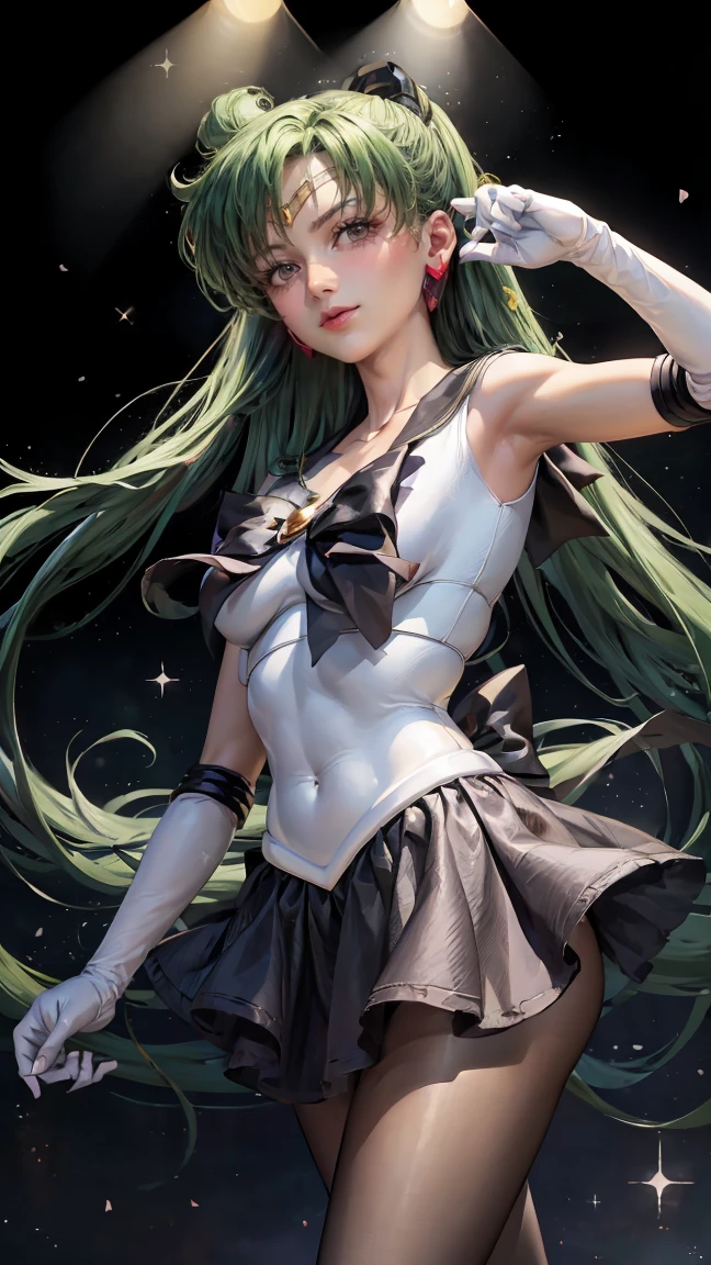 green effects, perfect eyes, short girl, long hair, green hair, star guardian, stars, galaxy, guardian, magical cane, sharp teeths, green eyes, flying, detailed
