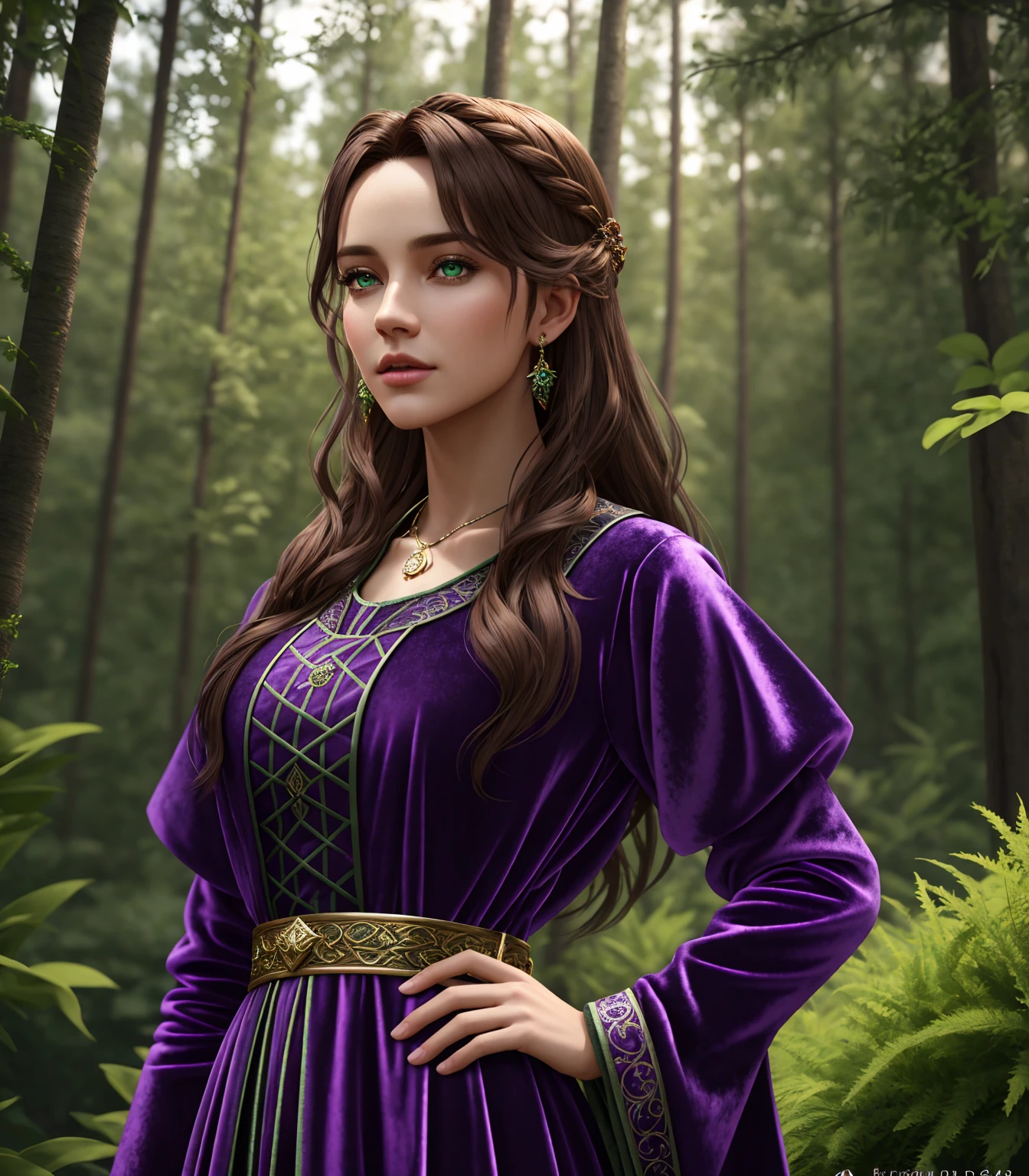 (((Full Body View))), (Highly Detailed, HD), high octane, 8k, high res, Beautiful, Stunning, Character, young adult, woman, feminine features, wearing a long draping dress of soft pink fabric, seductive expression, forest in spring landscape, by alphonse mucha and artgerm, (realistic face), sharp focus, depth of field, (Symmetrical Detailed Eyes), masterpiece, best quality, 3d, photorealistic, high quality textures