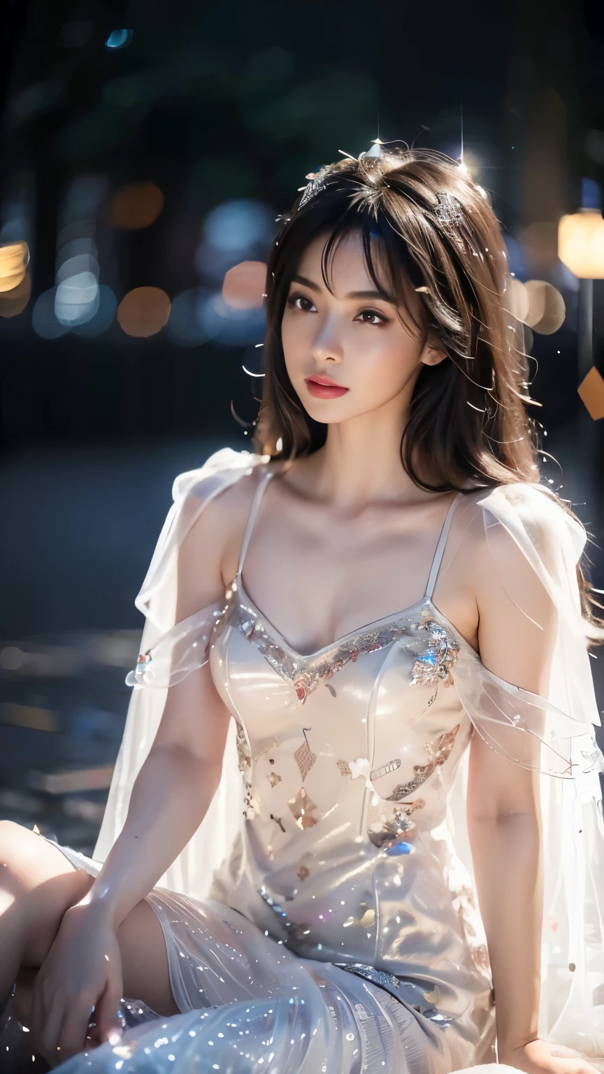 8K, UHD, Masterpiece, 1 girl, ((slim body)), ((small breasts)), good face, detailed eyes, detailed lips, very long hair, beautiful hairstyle, ((glitter dress)), ((decorated petticoat)), ((shining dress)), ((white dress)), ((glitter black lace)), ((mesh cape)), ((glitter)), depth of field, ray tracing, night time, in the mantion, fire, realistic shadow, cinematic pose, sitting,