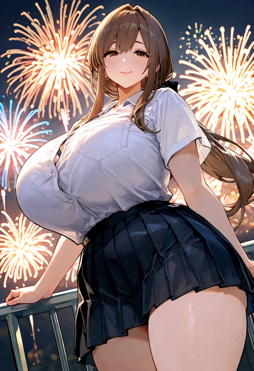 Anime illustration、highest quality、A short and plump high school girl、Blue and white rash guard、hot pants、Fireworks display、Perfect proportions、overwhelmingly big breasts、Beautiful, shining eyes、Cowboy Shot、Blushed、smile