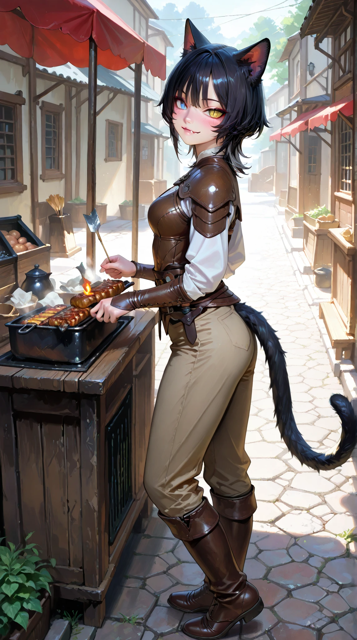 from side, full body, looking at view, 1 woman holding grilled skewers at a medieval-style food stall, M4rket, Outdoors, (adult cute woman:1.1), happiness, (((slit pupils.:1.3))), heterochromia, blue eye, yellow eye, black hair, shiny hair, wolf cut hair, fang, cat ears, perfect artwork, picture-perfect face, beautiful face, charming, seductive, alluring, enchanting, stylish, medium breasts, leather armor, leather shoulder pads, leather bracers, brown pants, leather boot, , black cat tail, masterpiece, best quality, ultra realistic 8k cg, epic,