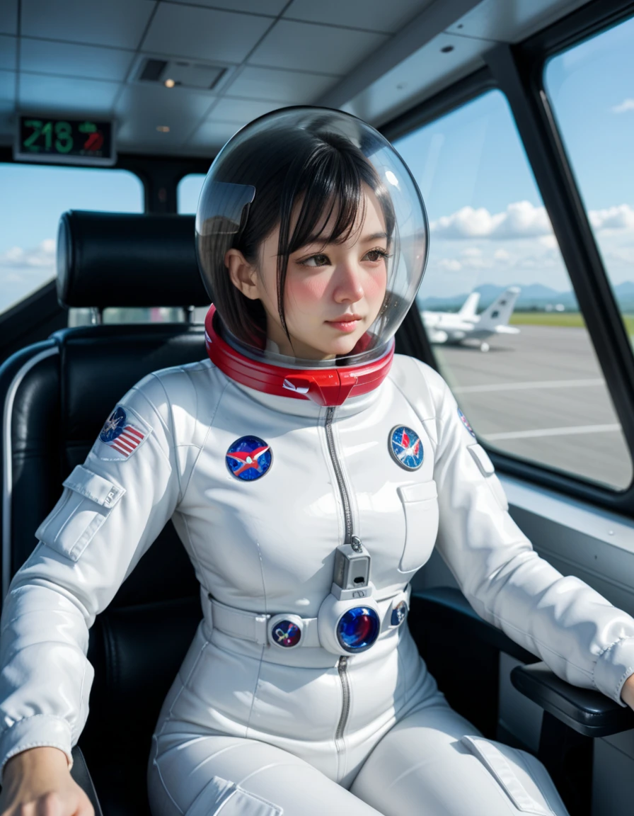 (smile)、(((Staring at the audience)))、((Spaceman in space suit sitting in spaceship cockpit)),wear spacesuits, Dressed in an astronaut costume, Cute girl in a tank top, girl in space, In space, (((Dressed in an astronaut costume))), woman astronaut, ((Sitting on a chair with legs spread))、((Sexy young woman's body:1.4))、