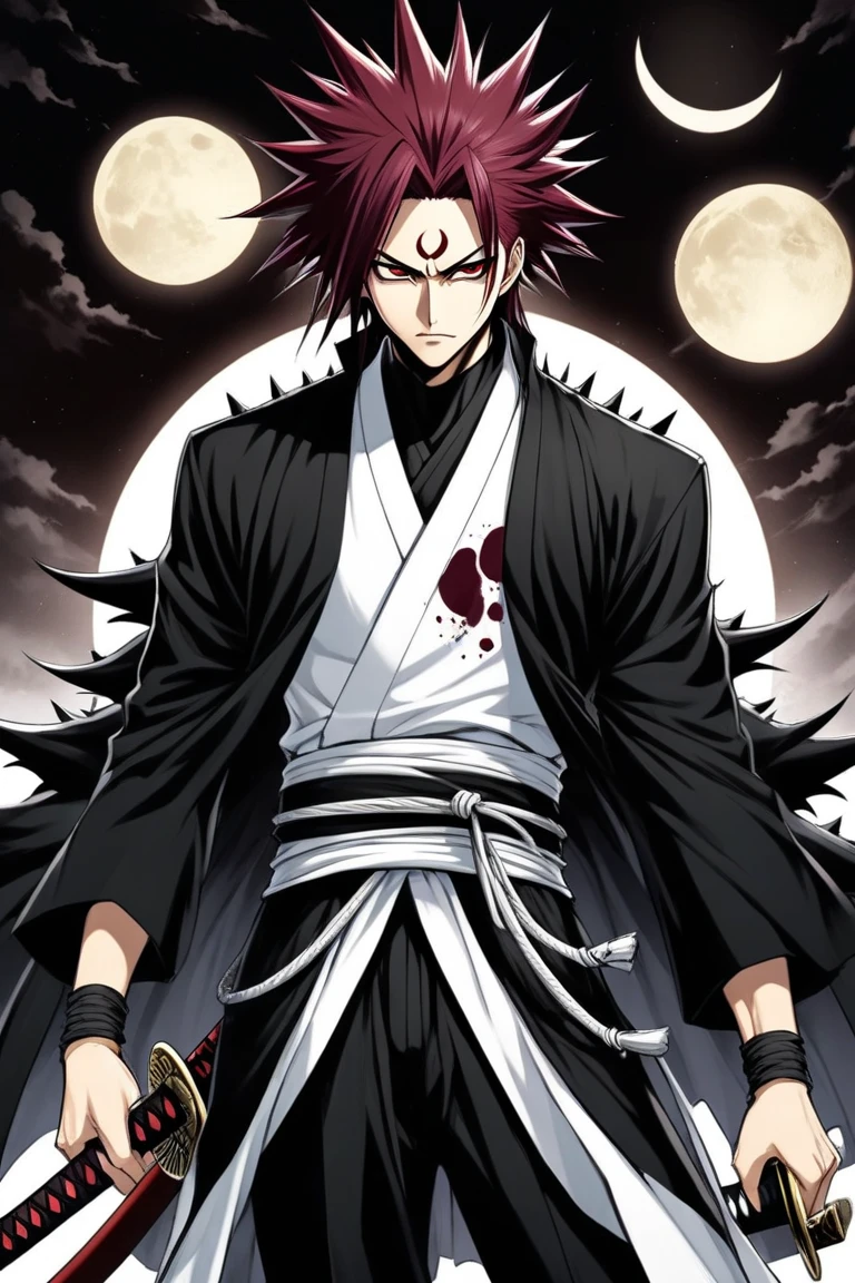 absurdres, highres, ultra detailed, HDR, masterpiece, best quality, Ryomen Sukuna, black hair, expressive red eyes, Jujutsu Kaisen, solo, sexy man, handsome, black scarf, white kimono, red blood water, blue moon, magical, pink hairs, yuji Itadori's body takeover