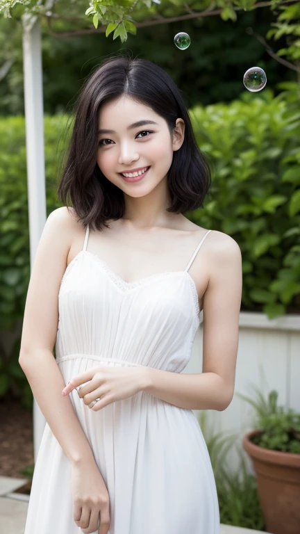 hezi, vintage texture, film texture, vintage photos, solo, 1girl, realistic, black hair, looking at viewer, smile, upper body, teeth, open mouth, black eyes, hair bun, sleeveless, white dress, dress, bare shoulders, blurry background, tank top, blurry, short hair, shirt, lips, white camisole, white shirt, horror \(theme\), traditional media, brown eyes, tongue, sleeveless shirt, messy hair, :d, grin, real life insert, white tank top, camisole, nose