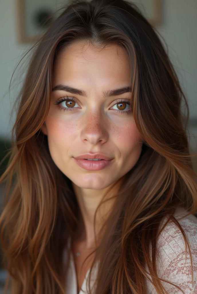 fille sexy aux yeux bruns, longs cheveux bruns et grands yeux, selfie d&#39;une jeune femme, Yeux de chambre, violette myers, sans maquillage, maquillage naturel, Tournez-vous pour regarder la caméra, Visage avec Artgram, Maquillage subtil, Superbe photo du corps entier, chemisier blanc, 25 ans