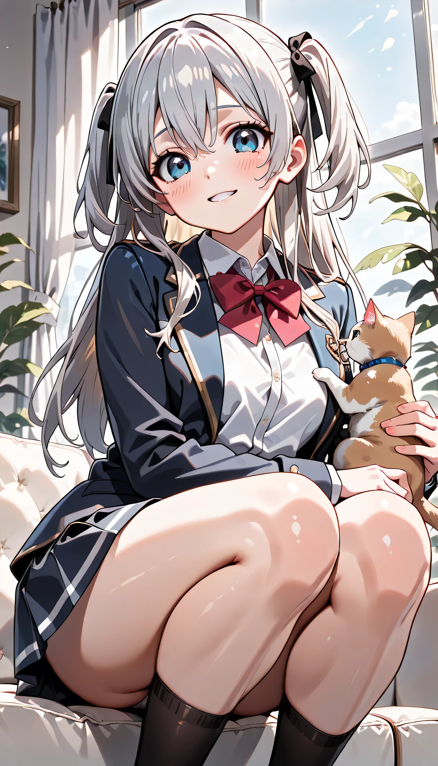 ((ultra-detailed)), (highly detailed CG illustration), (best quality:1.2), ultra-highly detailed, colorful composition, artistic photoshoot, 1girl, solo focus, ((thigh to top:1.4)), ((cowboy shot:1.4)), moe anime character, girl, dainty facial structure, (baby face), (round face), ((rounded chin:1.2)), ((ideal ratio body proportions)), (blue eyes), sparkle eyes, ((silver hair color)), ((two side up)), (hair ribbon with red), ((hair is swaying in the wind)), ((smile:1.2)), ((cat mouth:1.3)), ((blush1.2)), ((playing with a cat:1.2)), ample breasts, school uniform, navy blue blazer, modern style with fitted jacket, red neck bow, long sleeves white frilled shirt, navy blue pleated skirt, and black high socks, white panties, ((crouching)), from front, expecting, pink cheek, blush, light pink gloss slip, beautiful detailed sky, green trees, breeze, shining sunlight shines, contrapposto pose, best quality, masterpiece, portrait, depth of field, soft lighting, sidelighting, (shine), lighting, caustics, ray tracing, perfect face, lustrous skin, highly detailed face, highly detailed eyes, perfect face, perfect nose, perfect hair, perfect eyes, perfect anatomy, beautiful hair, beautiful small face, extremely detailed face, beautiful detailed eyes, beautiful clavicle, beautiful body, beautiful ample breasts, leavage, breasts squeezed together, equalize the size of the left and right breasts, beautiful thin thighs, beautiful legs, beautiful fingers, 4 fingers, 1 thumb, lovely, (very detailed background:1.0), (highly detailed background:1.0), spring aesthetic, intricate details, enjoy the performance atmosphere, spring colors palette, chromatic aberration