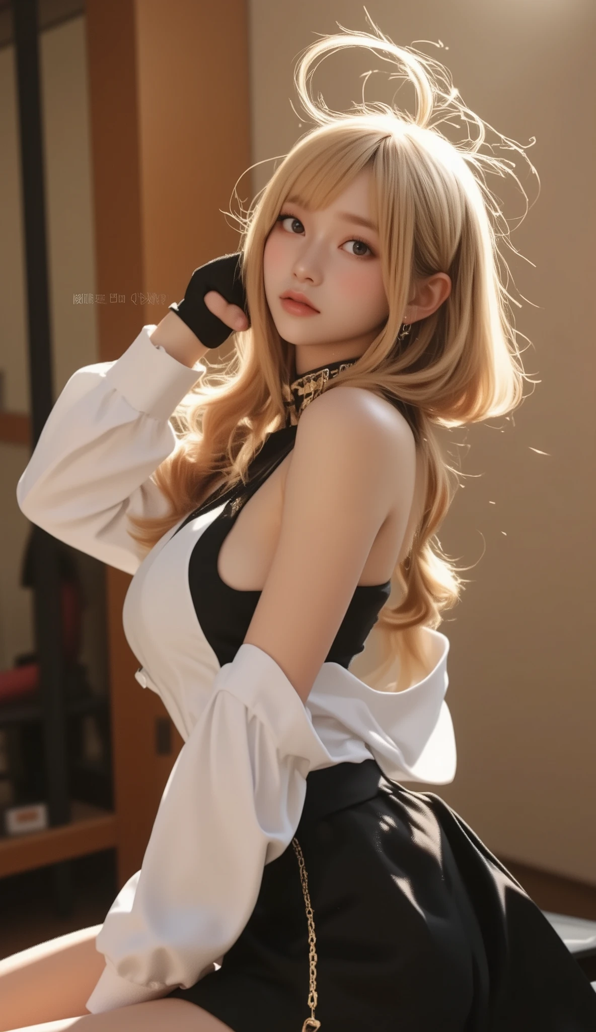 , score_9, score_8_up, score_7_up, 20 years old, 8k, high definition , beautiful girl, gold hair, very long hair, straight hair, Closed Her Mouth , 1 girl in uniform, detailed face , beautiful female face , sweater , watches viewers、 long foot、ruanyi1002,leopard print,off shoulder,choker,black skirt,long sleeves,shirt,room、 platform high heels、cute、Big Breasts、Eyes that captivate the viewer、Looking back posture、、Underboob、puffy sleeves、 stockings、 Garter Belt 、 panties、nianye、t