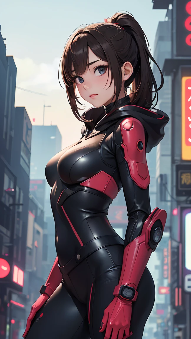 (Hu tao), 1girl, wearing a futuristic cyberpunk outfit, at a future city, 8k, high detailed, high quality