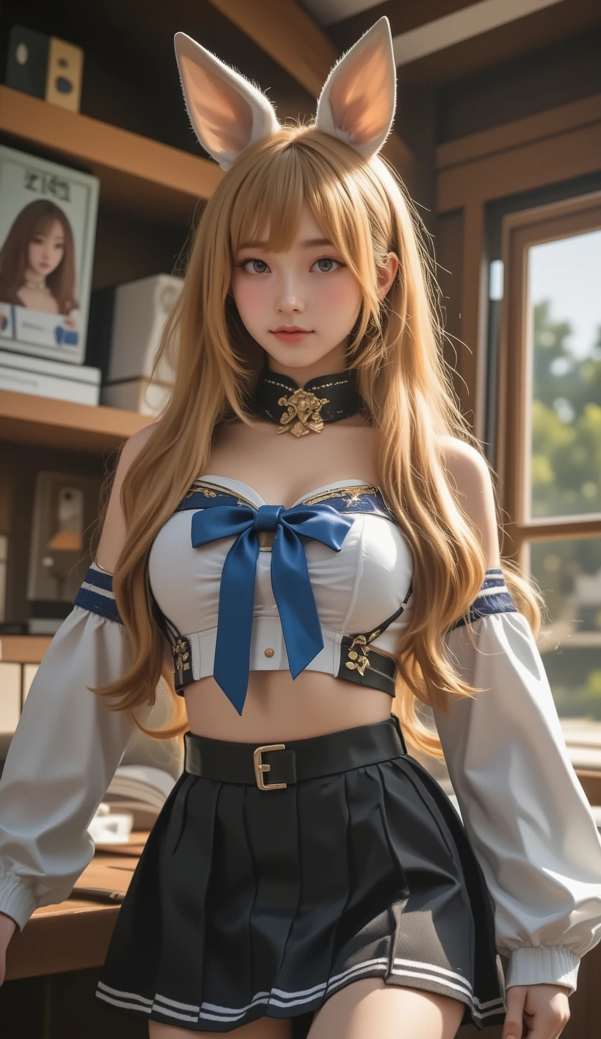 , score_9, score_8_up, score_7_up, 20 years old, 8k, high definition , beautiful girl, gold hair, very long hair, straight hair, Closed Her Mouth , 1 girl in uniform, detailed face , beautiful female face , sweater , watches viewers、 long foot、ruanyi1002,leopard print,off shoulder,choker,black skirt,long sleeves,shirt,room、 platform high heels、cute、Big Breasts、Eyes that captivate the viewer、Looking back posture、、Underboob、puffy sleeves、 stockings、 Garter Belt 、 panties、nianye、t