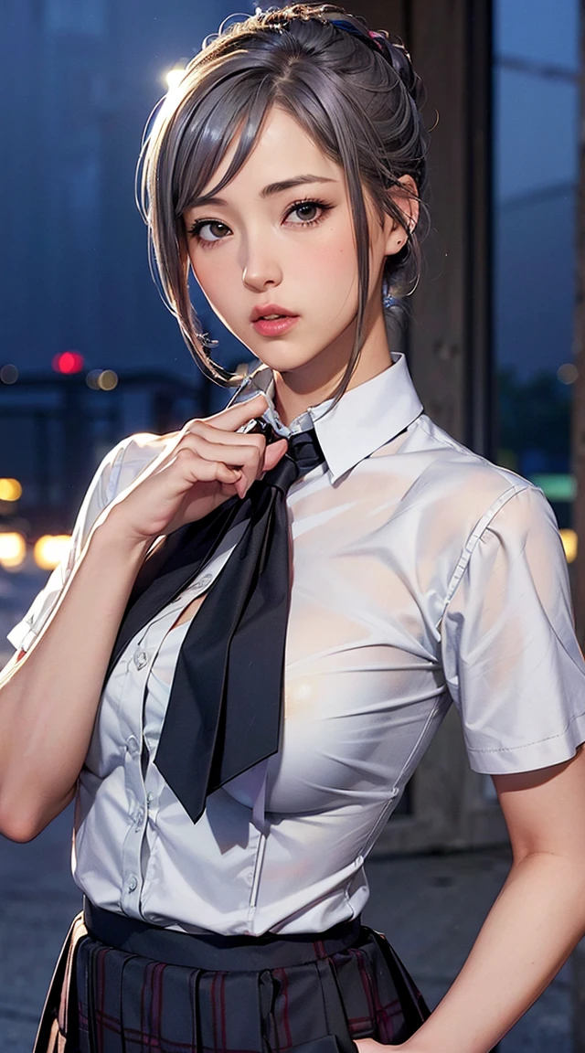 ((Schoolgirl standing in office))、、((Wet white blazer))、((Wet translucent white blouse、red bowtie、Dark blue checked skirt)). 40k, Photography, masutepiece, Best Quality, cloudy ash sky, ((1 girl with beautiful eyes、Brown Light、Wet short hair, . White skin, Poses variadas.((breasts of medium size,:1.1)), Best Quality, masutepiece, Ultra high definition, (Photorealistic:1.4), Raw photo, (perfect body type), (slim:1.3), Slim abdomen, Perfect slim figure, dynamicposes, (((Full-figured :0.9))), Solo, Cold Light 12000K, Highly detailed facial and skin texture, Detailed eyes, Realistic eyes, Beautiful detailed eyes, (Realistic skin), Attractive, 超A high resolution, A hyper-realistic, Highly detailed,((she is soaking wet)),((No bra)),((Erection shows through))