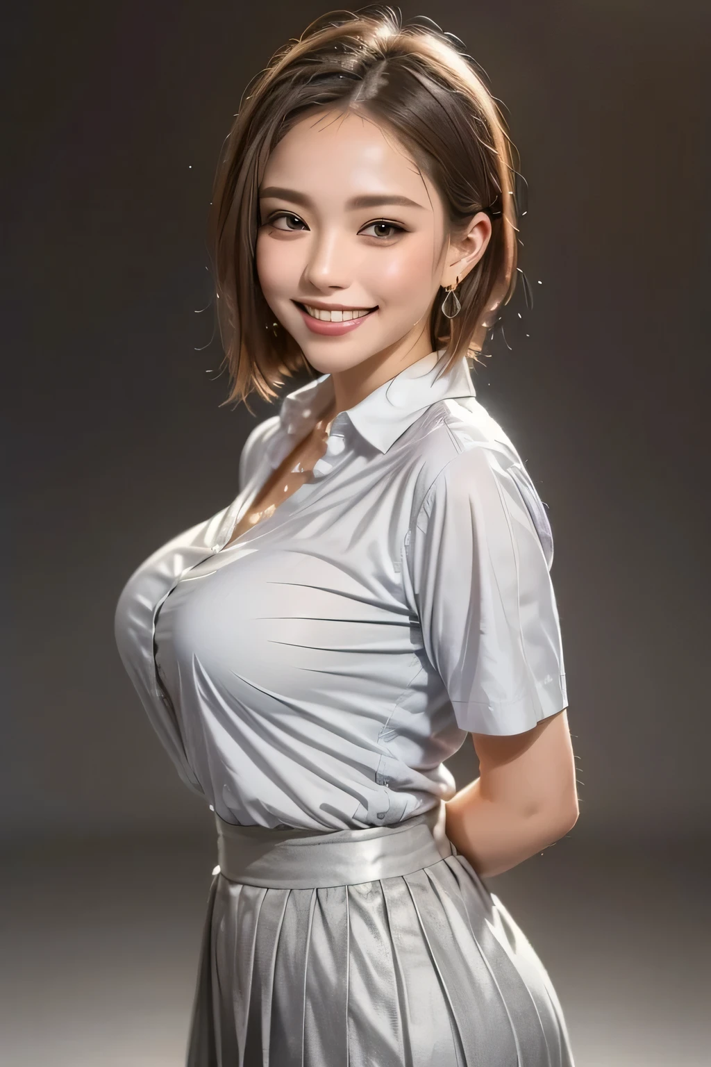 (top quality, masterpiece, formal, key light: The front is at a 45 degree angle, Auxiliary Light, backlight), accurate human body, Knowledgeable person, (Shining skin, Realistic skin texture, beautiful skin details, growing skin), (1girl), (Completely:1.2), grin, (shiny collared shirt: 1.2), Shine, (earrings), necklace, charming and perfect ratio, charming smile, fine surface texture, charming, short hair, wear a gray pleated skirt, Big Breasts, ((background: nothing white))