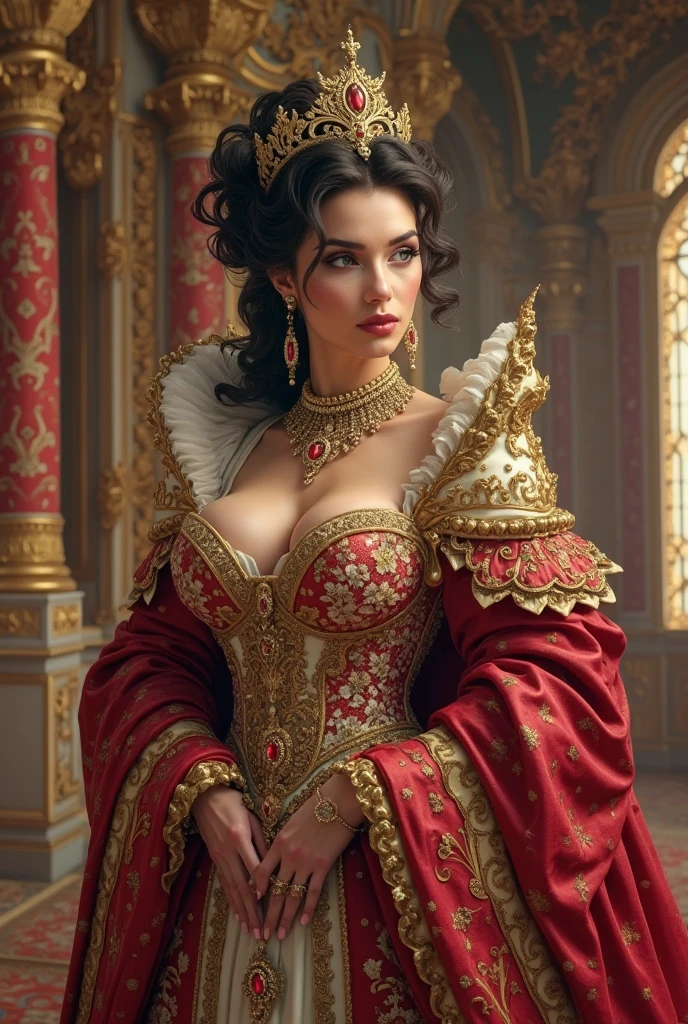 (Masterpiece: 1.1), Highly detailed, Golden ratio, Ultra-realistic: 1.2, Theatrical lighting: 0.8, Photo of a woman, elegantly dressed in traditional Russian attire, Stunningly voluptuous figure, (Big breasts: 1.2), (Russian: 1.5), Pale skin, Slavic features, Piercing blue eyes, Red full lips, High-definition makeup, Elegant updo, Shimmering fabric, Opulent jewelry, Regal posture, Confident gaze, Grand ballroom, Richly decorated, Golden chandeliers, Ornate mirrors, Velvet curtains, Echo