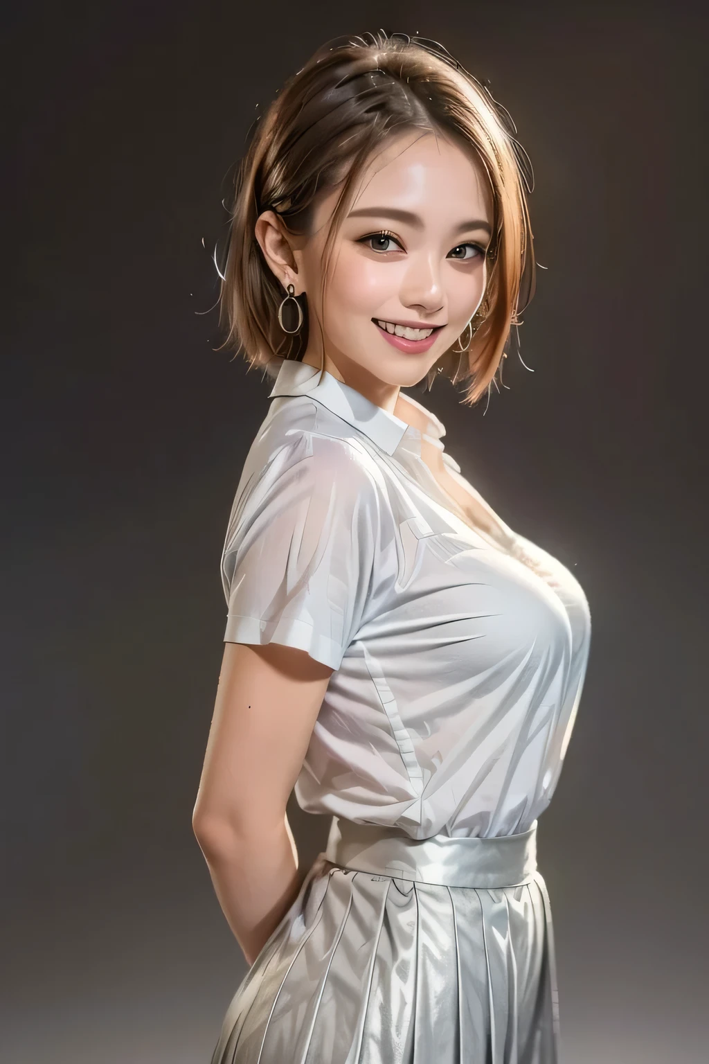 (top quality, masterpiece, formal, key light: The front is at a 45 degree angle, Auxiliary Light, backlight), accurate human body, Knowledgeable person, (Shining skin, Realistic skin texture, beautiful skin details, growing skin), (1girl), (Completely:1.2), grin, (shiny collared shirt: 1.2), Shine, (earrings), necklace, charming and perfect ratio, charming smile, fine surface texture, charming, short hair, wear a gray pleated skirt, Big Breasts, ((background: nothing white))
