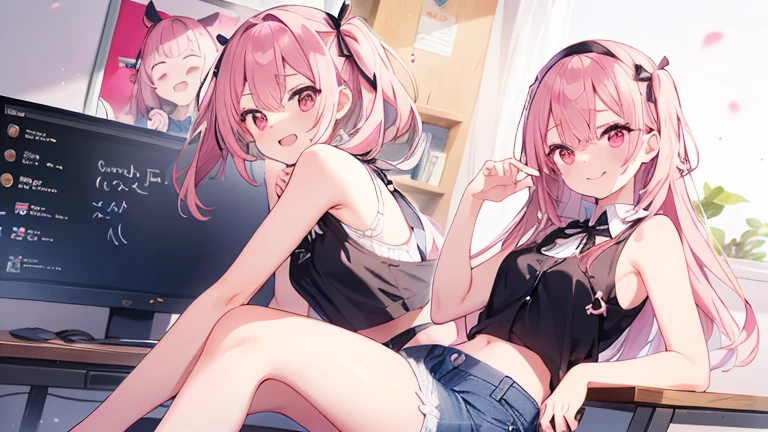 masterpiece, 1girl ((20year old, Black short sleeve hoodie exposes navel, tight blue jeans, medium breasts, multicolor pink hair, twin ponytails, green eyes, flirting, happy, big smile, headphones, sitting on a bed, Halloween decorations in bedroom)) ((nighttime))