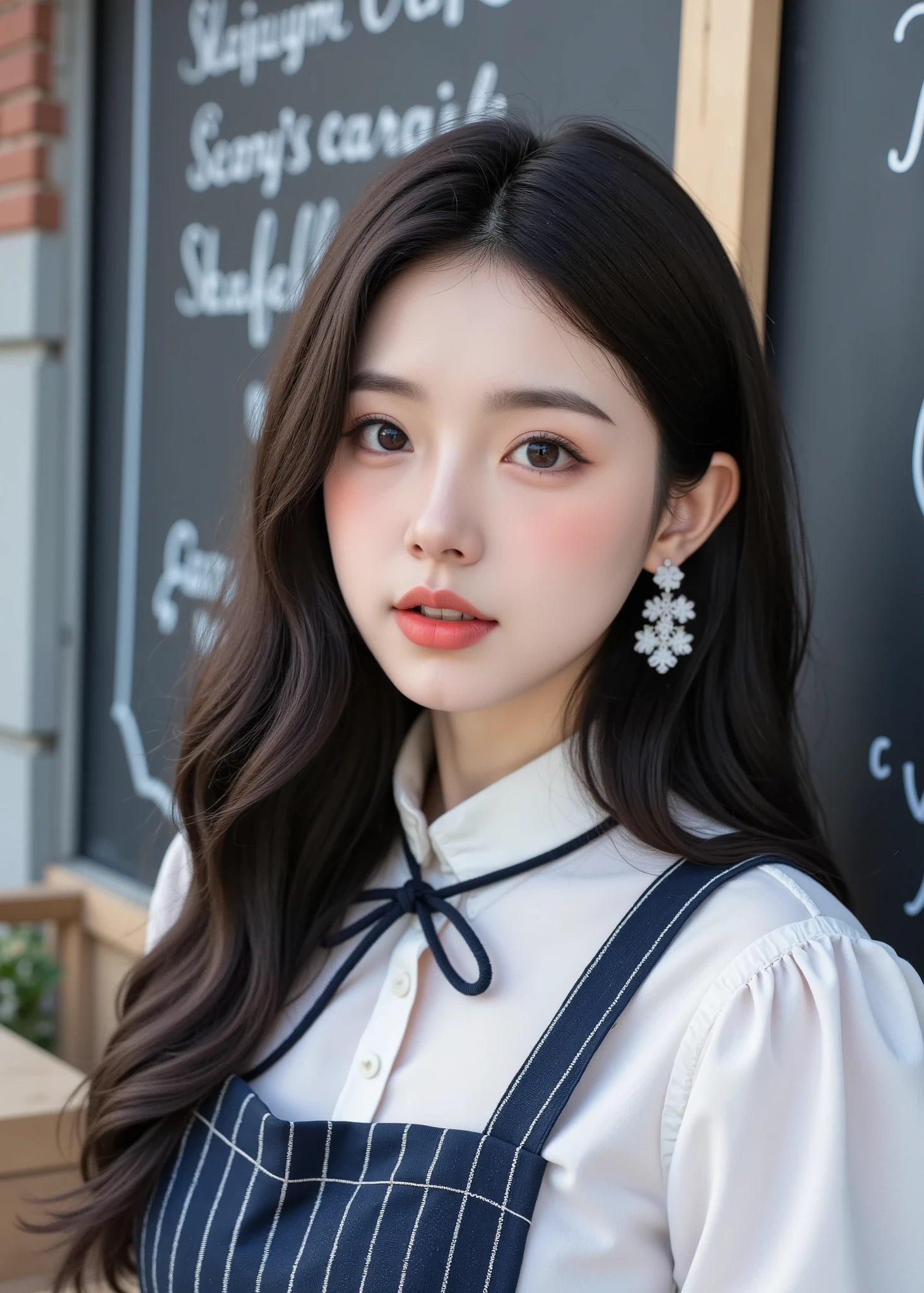 super real, photorealistic, Dramatic scene, shadow, global lighting, solo, (A 20-year-old famous Japanese idol woman depicted on a blackboard:1.5), a very beautiful and delicate Japanese girl, Very beautiful、very cute face with n nipples visible, (Modern maid, Detailed Facial Skin Textures, cowboy shot:1.2), ( wears cute pastel maid clothes with ruffles :1.2), (Vertical striped navy apron :1.2), she says 、A blackboard is placed at the entrance of the stylish cafe with Christmas decorations、I'm drawing a very cute big waitress girl with a gorgeous Christmas cake surrounded by floral patterns on the blackboard with chalk,