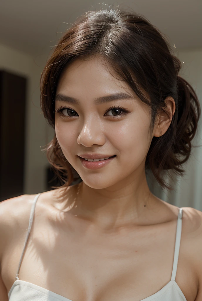 Highly detailed CG Unity 8k wallpaper, top quality, masterpiece, (realistic,realistic,Photoreal:1.37)、(((realistic skin texture、skin pores))),,Ultra-fine painting,sharp focus,Physically based rendering,extreme details,Professional,Bright colors,sexy muscular、realistic like a photo, highly detailed beautiful woman, (((nsfw, long breasts, nipple、vulgar、sexy、glossy skin, tanned skin、athlete、best professional potion)))、((short hair))、cleavage , ((Sweat)), round eyes, realistic female hands、viewer, blush, (smile), ((tall and beautiful woman))、parted lips, I photographed the whole body、stand upright、pool