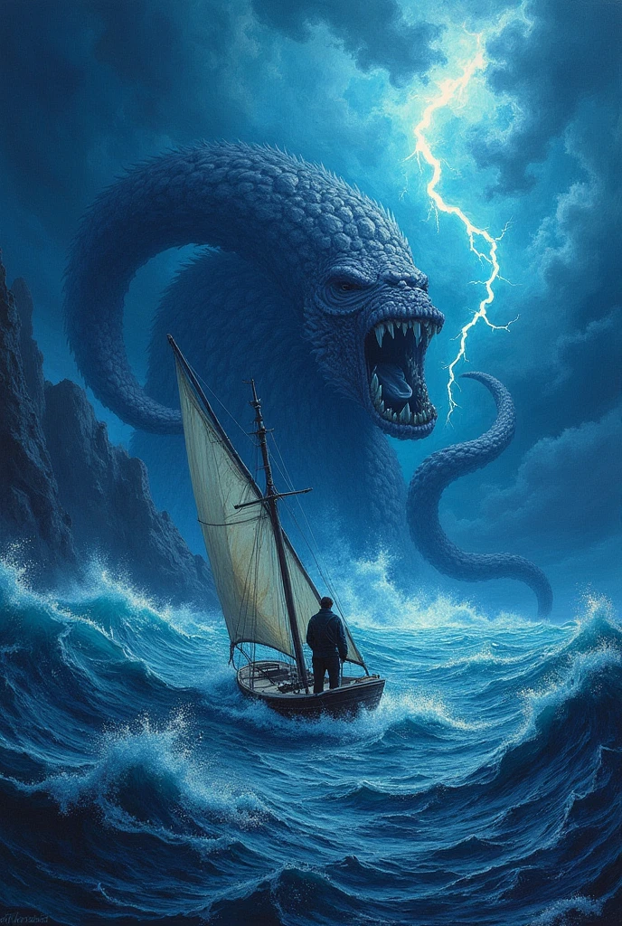 Masterpiece, High Quality, Realistic Drawing, 2.5D Comic Style, GTA-like Colors, Sharpie Art Pen Color, Cel-Shading Technique, Painting Realistic, Vector Art, a sketch based on the epic 'Ocean Odyssey' — the adventure of a young sailor across a turbulent ocean with an enormous gigantic cephalopod-like creature, potentially inspired by real-life giant squid scavenging . The sea weather was turbulent with powerful storms along with thunderstorms radiating violently throughout the night.
