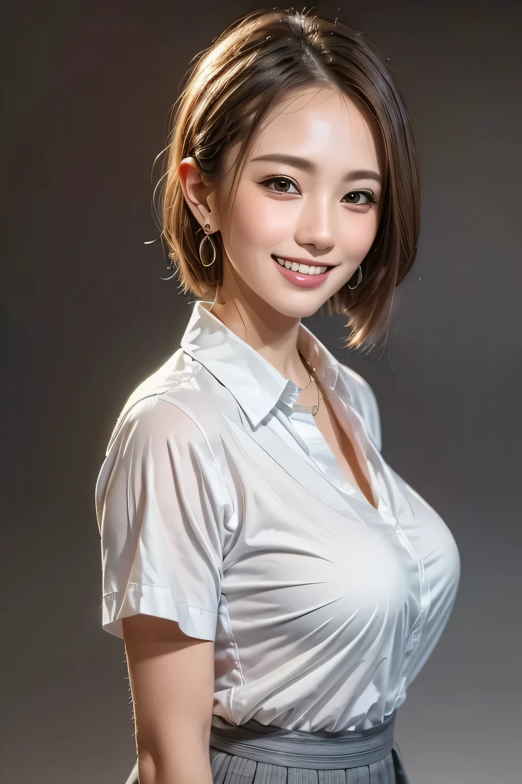 (top quality, masterpiece, formal, key light: The front is at a 45 degree angle, Auxiliary Light, backlight), accurate human body, Knowledgeable person, (Shining skin, Realistic skin texture, beautiful skin details, growing skin), (1girl), (Completely:1.2), grin, (shiny collared shirt: 1.2), Shine, (earrings), necklace, charming and perfect ratio, charming smile, fine surface texture, charming, short hair, wear a gray pleated skirt, Big Breasts, ((background: nothing white))