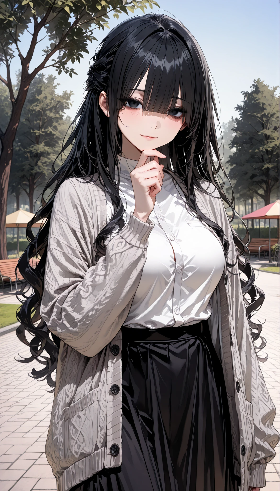 top quality, masterpiece, ultra-precise, ((top quality, masterpiece:1.3)), (sharp focus:1.2), (완벽한 몸매의 아름답고 maturity한 여성 홀로, adult, maturity, Purulent inflammation , is tall.), (black eyes), (layered cut long hair, curls, black hair, straight bangs, Half updo), (A quiet park, outdoor, panoramic background, blue sky), , cowboy shot, language, Her gaze is on the viewer, (gray cardigan, white shirt, black long skirt), light smile, hand on own chin.