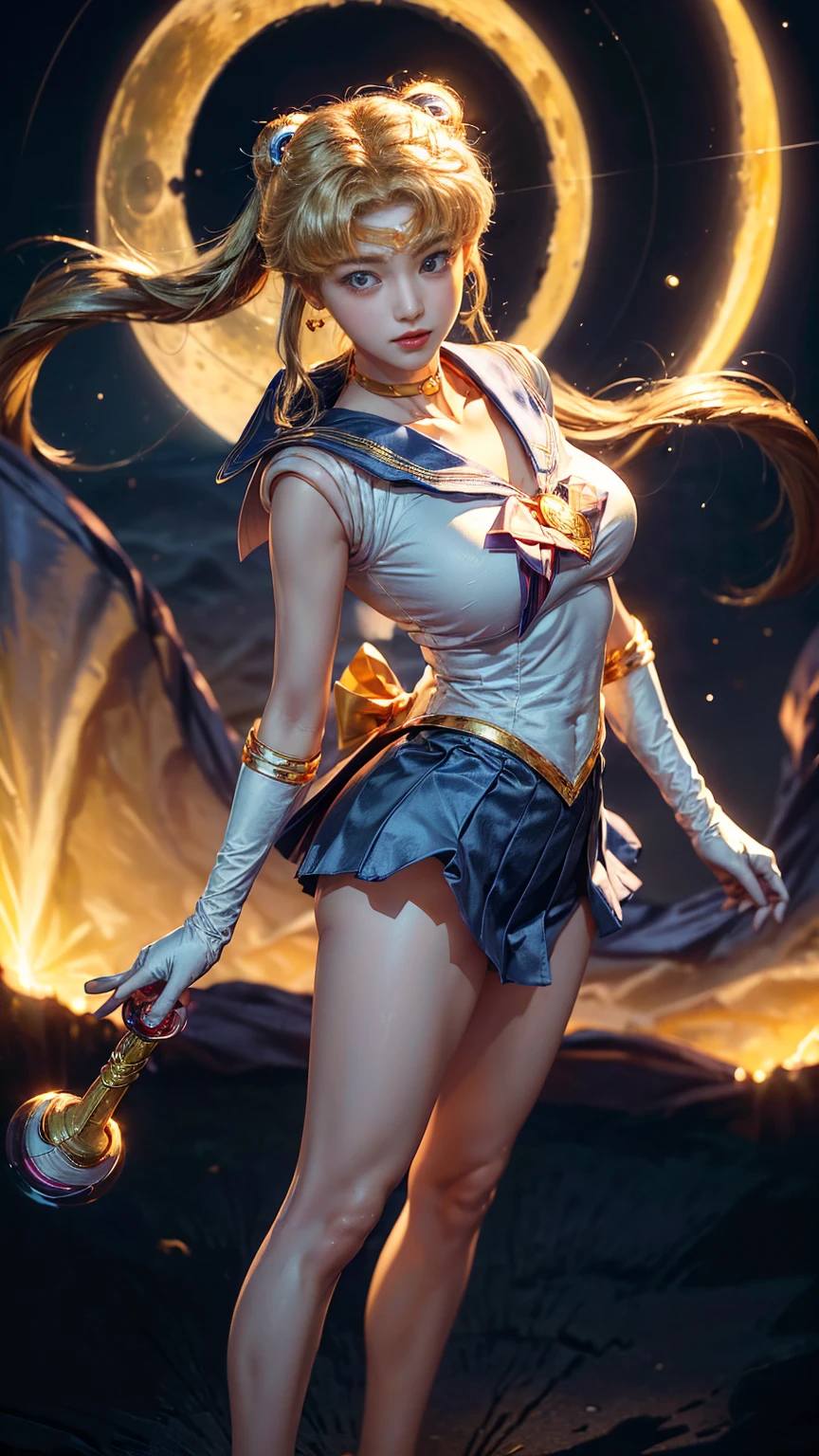 (CG Unity 8K wallpaper with extreme detail, masterpiece, highest quality), (exquisite lighting and shadow, highly dramatic picture, cinematic lens effect), (Sailor Moon: 1.1), charming smile, double tail, vibrant blue eyes, looking at the viewer with blond hair, white tight-fitting top, white gloves, mini skirt, dynamic pose), the background is the universe (excellent detail, excellent lighting, wide angle), (excellent rendering, enough to stand out in its class),