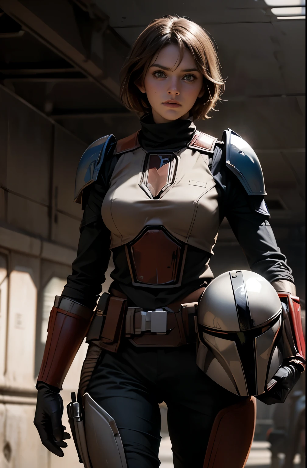 star wars world ,female mandalorian, , slender beauty ,holding helmet in right hand, ,Mandalorian armor ,Slimming, slender, Gentle Eyes, flows from my crotch
