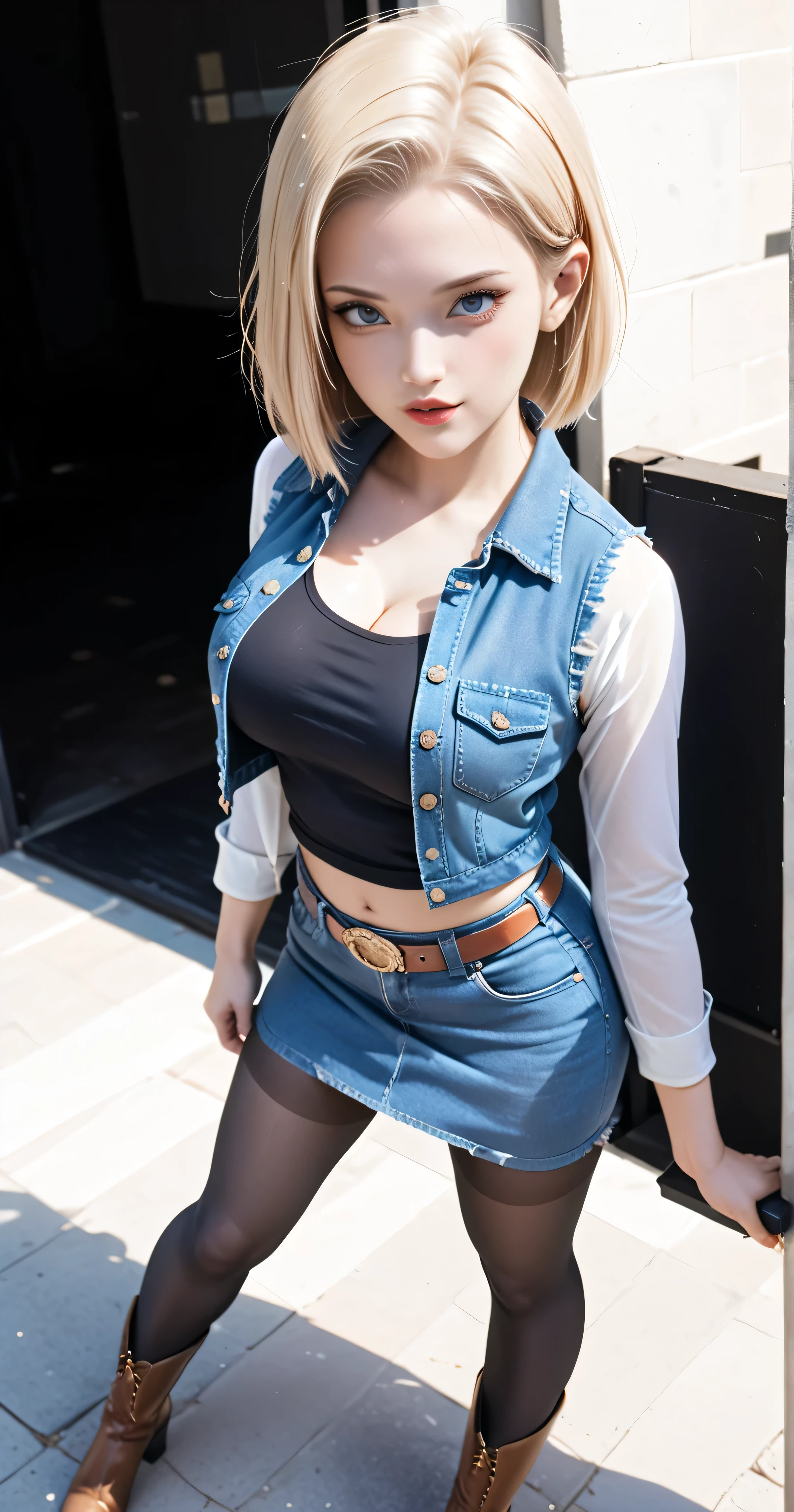 (One girl), (Android 18), (Her body and eyes face forward), ((She sat on the steps of the driveway outside the building and lifts one side of her denim mini skirt)), ((Intentionally holding the hem of the skirt with the one hand and pushing it up)), ((Her white panty is visible)), (She looks intently at her boyfriend), (She looks straight at her boyfriend), (Blonde hair), (Sexy girl), (She wearing light blonde hair), (Medium length hush cut hair), (Her slender legs and stylish short western cow-girl boots are clearly visible under the mini denim skirt she is wearing), (She have Very large breasts bouncing), (Wearing a short blue H-line denim skirt), (Wearing a mini short denim vest), (The short mini vest she wears has three small circular buttons), (The denim skirt and denim vest colors match), (She Wear long sleeves), (Long sleeves with black stripes at regular intervals on a white background), (She wears flesh-colored illusion pantyhose), (The pantyhose she wears look like brown stockings), (She wore pantyhose and wore white panties over them), (No-belt), (Wearing women's Western cowboy-boots), (Wearing a black t-shirt that exposes deep cleavage), (No bra), (Breast areolas outside a black T-shirt), (Clearly exposed), (She winks with her left eye), (Boldly and fascinatingly winks her left eye and stares at me intently), (Sat on the steps of the driveway outside the building), ((Masterpiece))