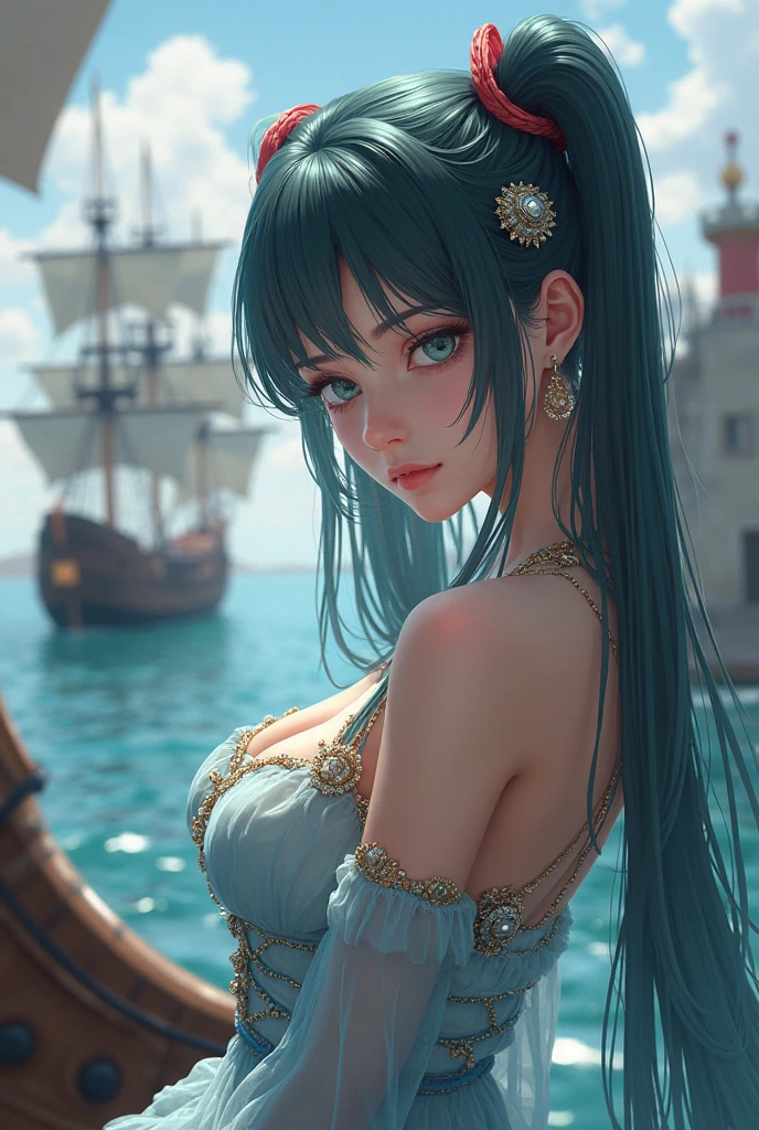 (masterpiece, 最high quality:1.4), (pirate ship), (From the back:1), (One girl), (alone), (head to waist photo) (European youth:1), Blue Hair (Fashion Hair:1.3), Nefertari Vivi from One Piece, hyperRealistic, Skin with attention to detail, Digital SLR, Soft lighting, high quality, Highly detailed face, Highly detailed eyes, Highly detailed skin, Skin pores, Scattered beneath the surface, Apply blush all over the face, Highly detailed face, Highly detailed eyes, Beautiful Face, Fuller lips, Detailed Background, Depth of written boundary, Volumetric lighting, Sharp focus, Realistic proportions, Excellent anatomy, (Realistic, hyperRealistic:1.4), 16k hdr, Dawn