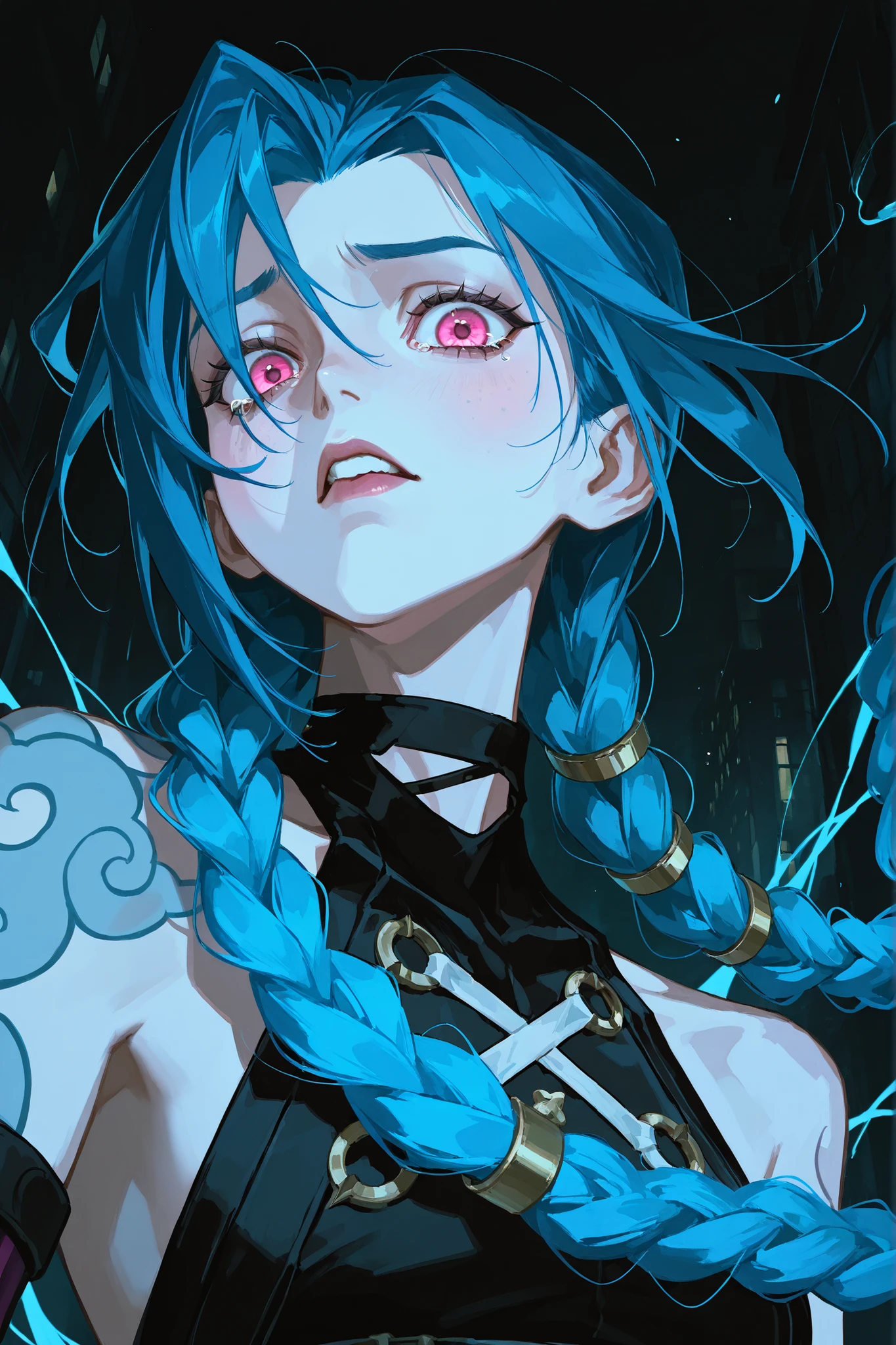 Jinx из Arcane, blue hair, long braids, very big eyes, with her eyes , hands have surprisingly wide patterns, pink eyes , Glass retina,  outfit Jinx from Arcana,  big plump lips,  rosy cheeks, turns red , sadness, tears, scream , shine, better quality, Glass retina, is in the dark streets of the city, blue smoke , dark background colors  ,  thin and elegant , slim, emphasis on the eyes, detailed eyes, looks at the viewer,  long lashes, bottom view,  in profile 