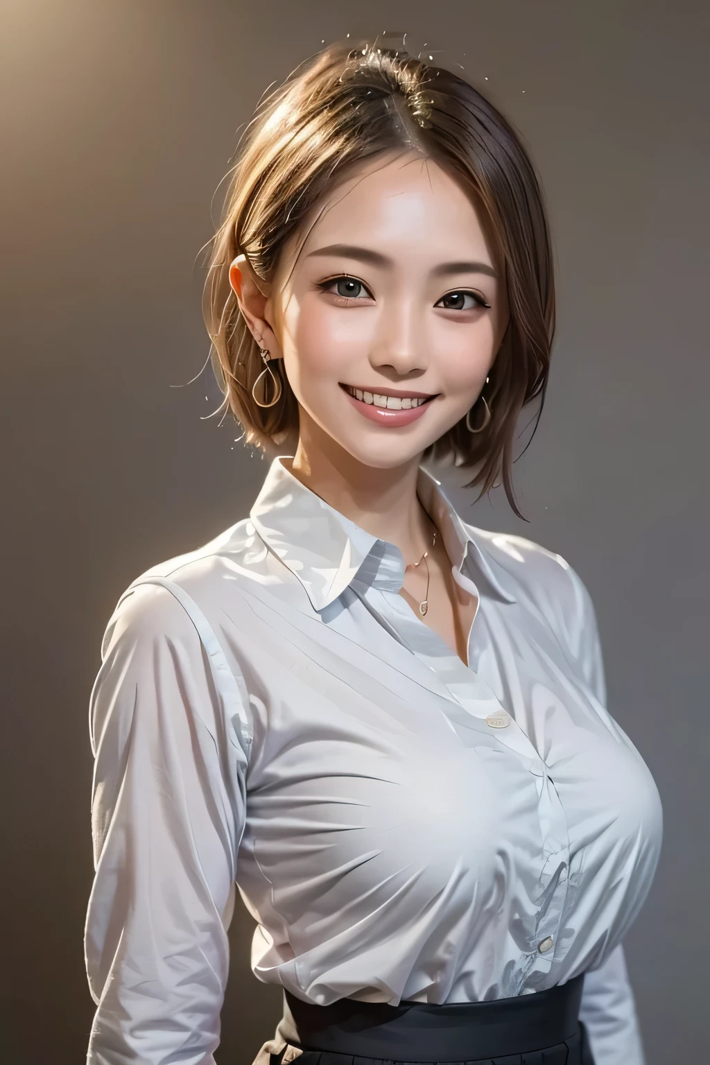 (top quality, masterpiece, formal, key light: The front is at a 45 degree angle, Auxiliary Light, backlight), accurate human body, Knowledgeable person, (Shining skin, Realistic skin texture, beautiful skin details, growing skin), (1girl), (Completely:1.2), grin, (shiny collared shirt: 1.2), Shine, (earrings), necklace,  charming and perfect ratio,  charming smile, fine surface texture, charming, short hair, wear a gray pleated skirt, Big Breasts, ((background: nothing white))