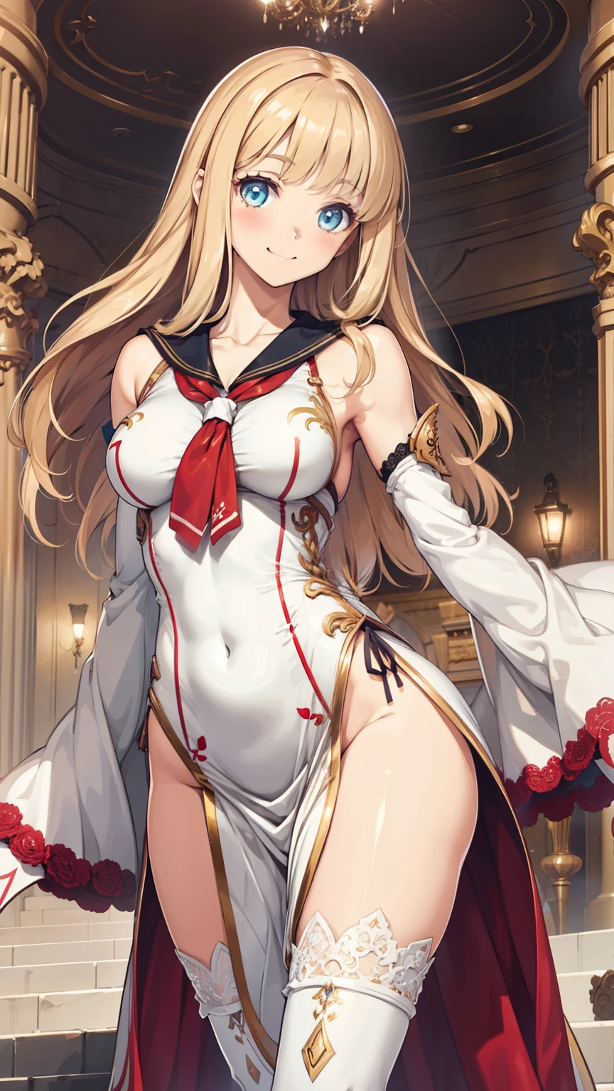 anime style、masterpiece、highest quality、1 girl、big breasts:1.3、shiny skin、satella、serious、blonde hair、long hair、cowboy shot、dress、brown cross lace shoes、cleavage、black ribbon、clothing clippings、juliet sleeves、white thigh high sockeadow background