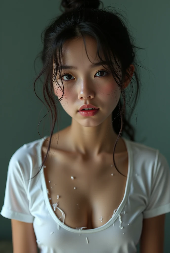 best quality, masterpiece, ultra high resolution, (fidelity:1.4), photos, 1 girl, [(sad)], white shirt, dim, darkness, despair, pity, pity, poor, movie, tears, teardrops, (torn clothes: 1.5), (wet clothes: 1.4), bare shoulders, real rain, wet hair, a stripped woman tied to a bed tied to a rope, japanese goddess, asian, japanese, japanese model, asian girl,charming sexy and seductive, stunning charming figure, Flower-shaped pupils, ear blush