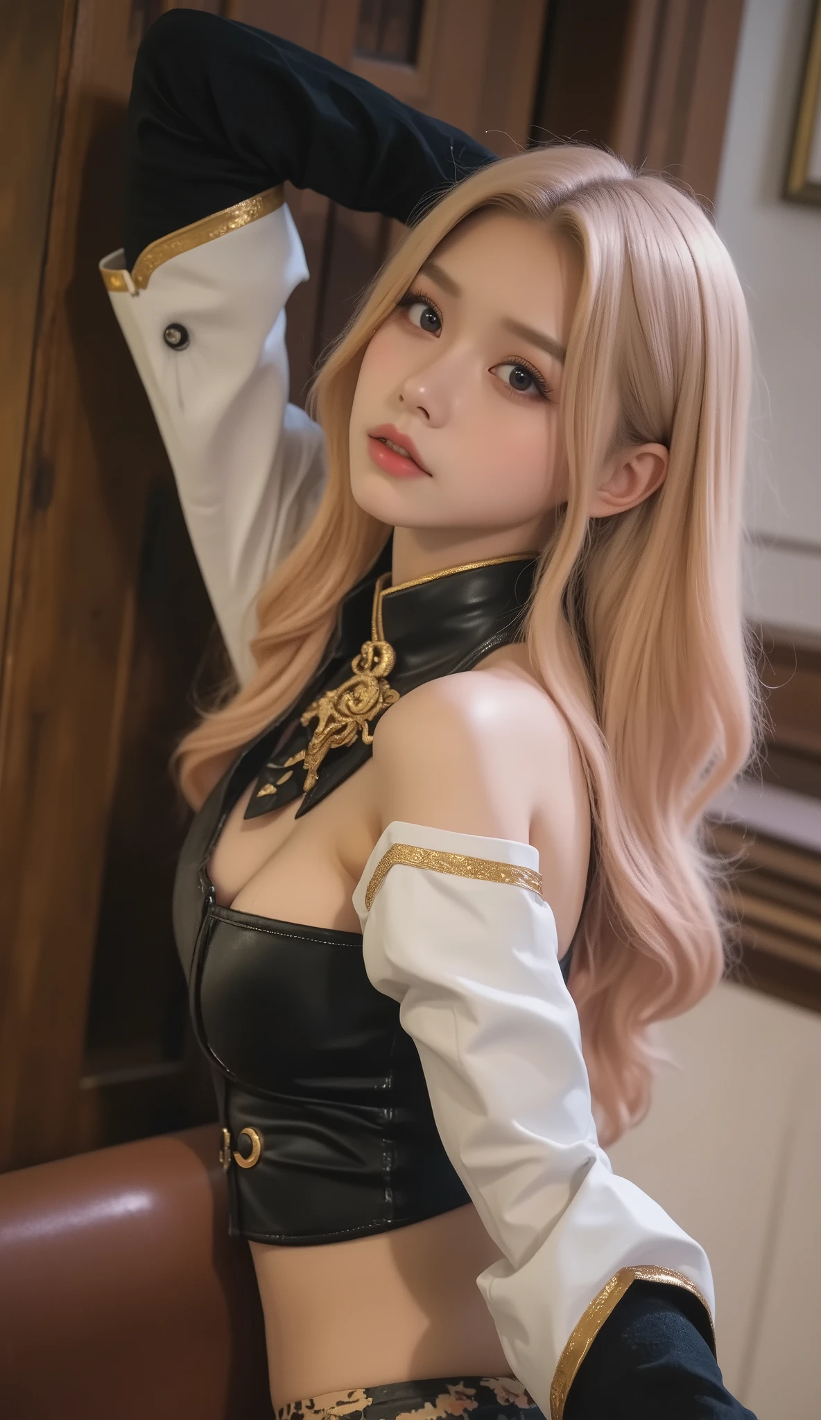 , score_9, score_8_up, score_7_up, 20 years old, 8k, high definition , beautiful girl, gold hair, very long hair, straight hair, Closed Her Mouth , 1 girl in uniform, detailed face , beautiful female face , sweater , watches viewers、 long foot、ruanyi1002,leopard print,off shoulder,choker,black skirt,long sleeves,shirt,room、 platform high heels、cute、Big Breasts、Eyes that captivate the viewer、Looking back posture、、Underboob、puffy sleeves、 stockings、 Garter Belt 、 panties、nianye、t