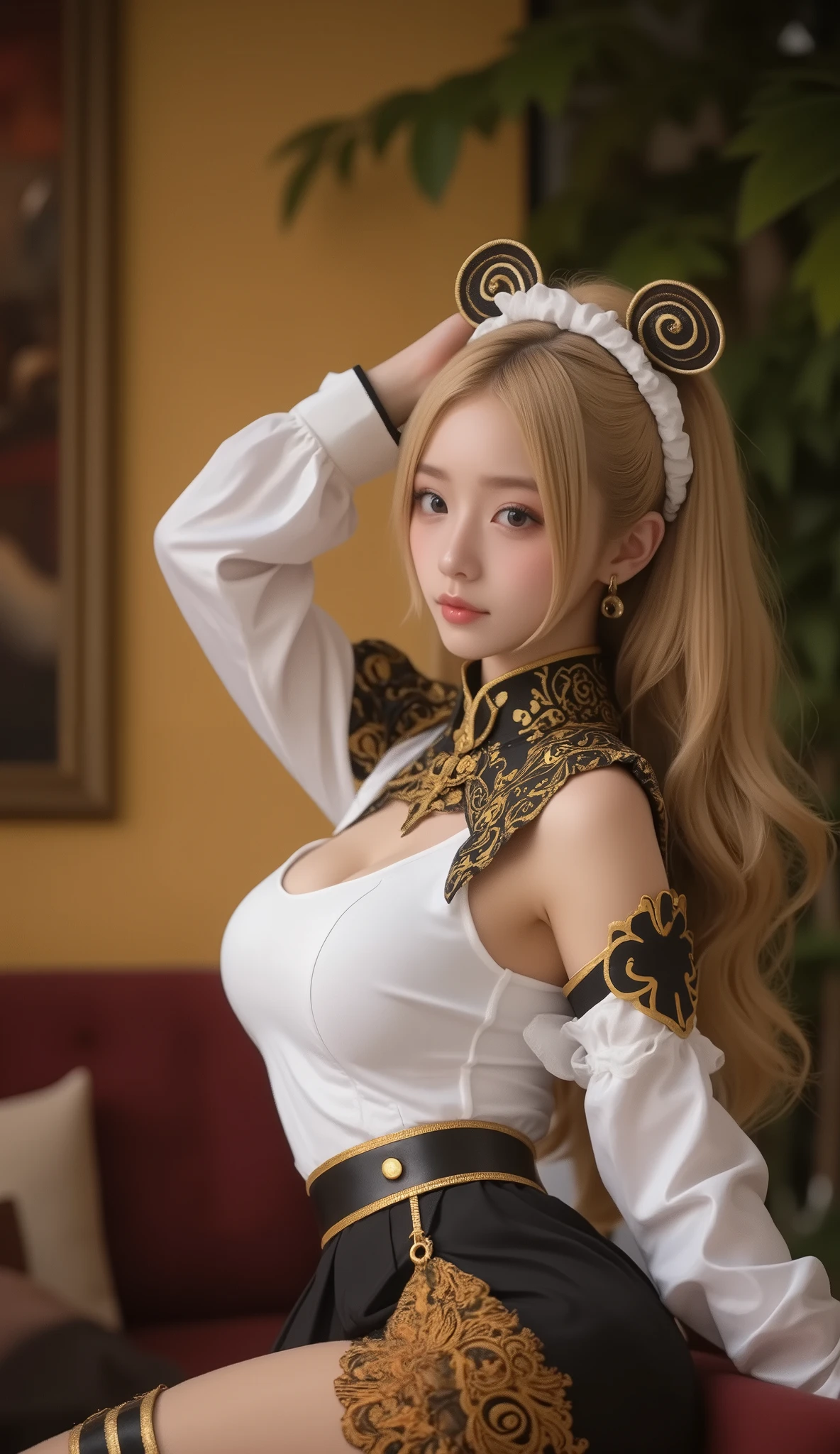 , score_9, score_8_up, score_7_up, 20 years old, 8k, high definition , beautiful girl, gold hair, very long hair, straight hair, Closed Her Mouth , 1 girl in uniform, detailed face , beautiful female face , sweater , watches viewers、 long foot、ruanyi1002,leopard print,off shoulder,choker,black skirt,long sleeves,shirt,room、 platform high heels、cute、Big Breasts、Eyes that captivate the viewer、Looking back posture、、Underboob、puffy sleeves、 stockings、 Garter Belt 、 panties、nianye、t