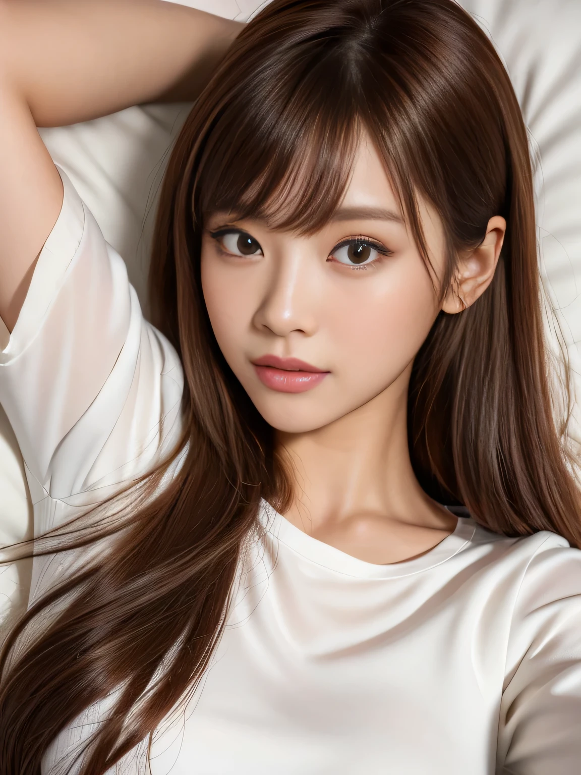 (Highest quality, 32k, High resolution, Masterpiece:1.5, ), marimo_jet, god々A photograph with brilliant dazzling and healing power., Evoking a sense of calm and elusive beauty, Expressing emotions, Have a rich imagination,Beautiful Japanese Girls, ((Lying in bed:1.4)), An exceptionally beautiful face, Small Face Beauty, Perfect Human Anatomy, Motherhood and generosity, Deep Love, Innocent sleeping face, Close ~ eyes, Shiny brown hair, Intricately detailed long hair, Asymmetrical bangs, Hair between the eyes, Transparent, soft white skin, Sharp eyebrows, Thin lashes, Natural Makeup, Cheek highlighter, Pale pink detailed lips, , ((Grey camisole:1.2)), High resolutionの完璧な鎖骨, High resolutionの美しい胸元, Slim figure with ample breasts, High resolutionの美しい太もも, ((A bright room with morning sunlight streaming in:1.3)), ((White bed)), Professional Lighting, Professional photographer, Professional models, god秘的