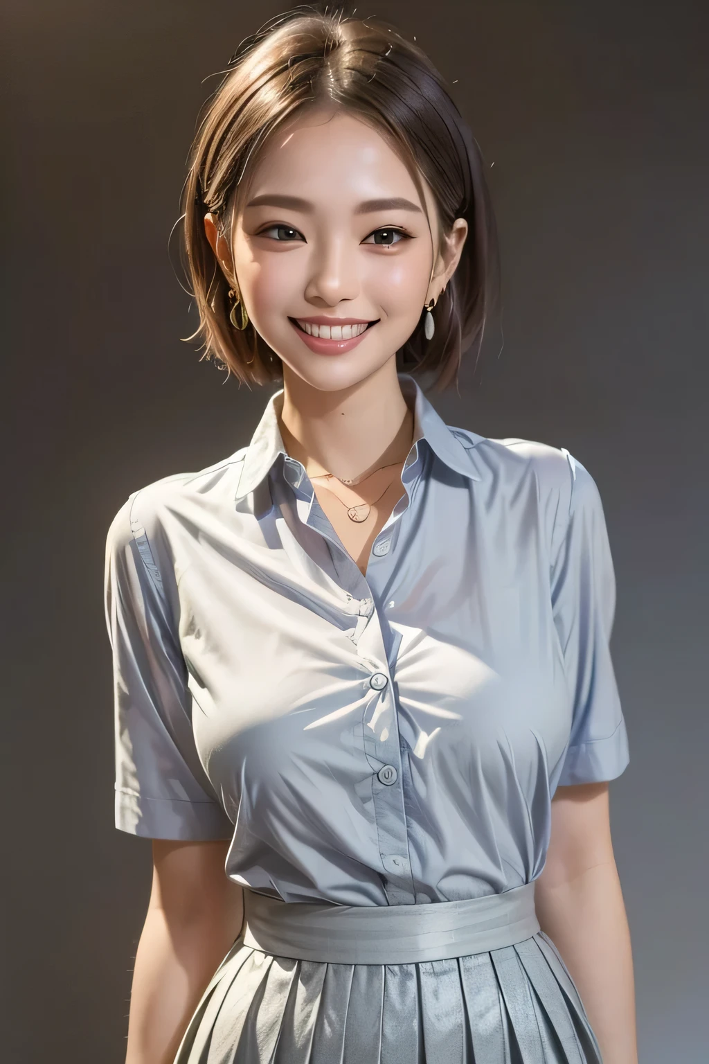 (top quality, masterpiece, formal, key light: The front is at a 45 degree angle, Auxiliary Light, backlight), accurate human body, Knowledgeable person, (Shining skin, Realistic skin texture, beautiful skin details, growing skin), (1girl), (Completely:1.2), grin, (shiny collared shirt: 1.2), Shine, (earrings), necklace, charming and perfect ratio, charming smile, fine surface texture, charming, short hair, wear a gray pleated skirt, Big Breasts, ((background: nothing white))