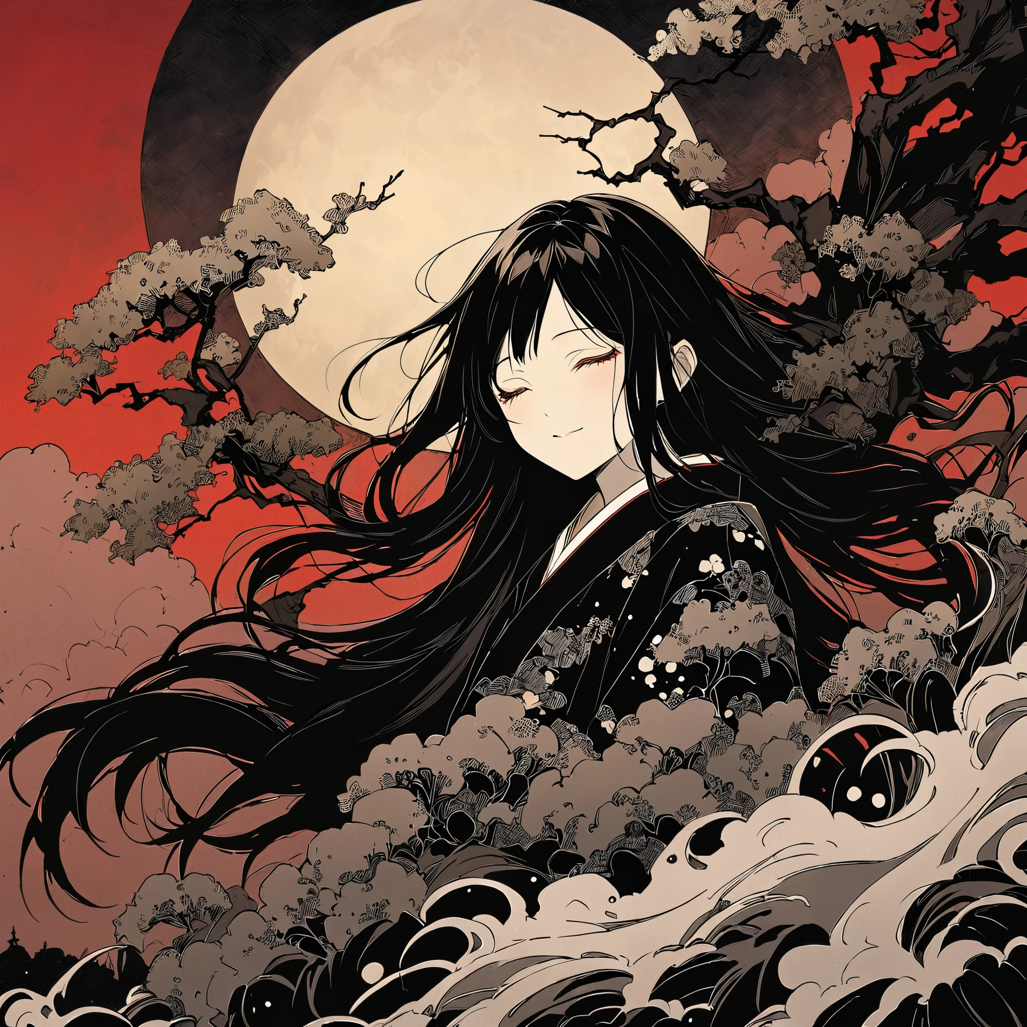 close your eyes。black hair.Long straight hair。amount。Bust。smile。pure white skin。alone。The lower half is shrouded in fog。Woman floating。Bell。Creepy Atmosphere。Japan。Tattered black kimono。 night 。赤いBellト。Black silk kimono。。cherry blossoms。 full moon。Red Sky。cherry blossomsの花,chiaroscuro,