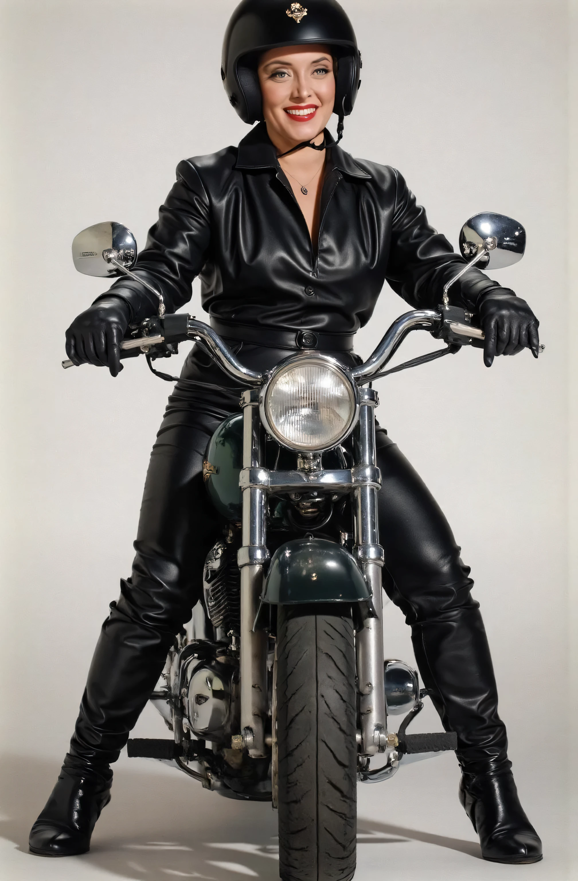 Marsha Queen Of Diamonds wearing a black leather dress down to knees, wearing black leather boots up to her knees, wearing black leather opera gloves. wearing a helmet, riding a motorcycle, full body picture, she is smiling.