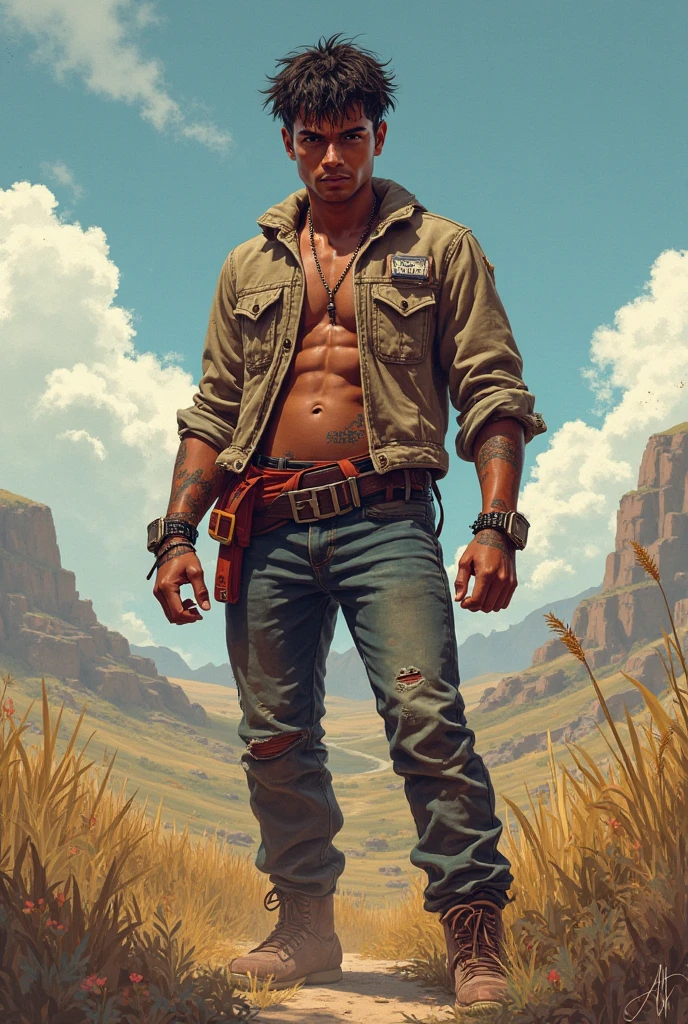 A tanned manly young handsome biker with short blonde hair, leather collar, black leather jacket, black leather pants, black leather boots, sits on a boulder in an American desert, anime style.