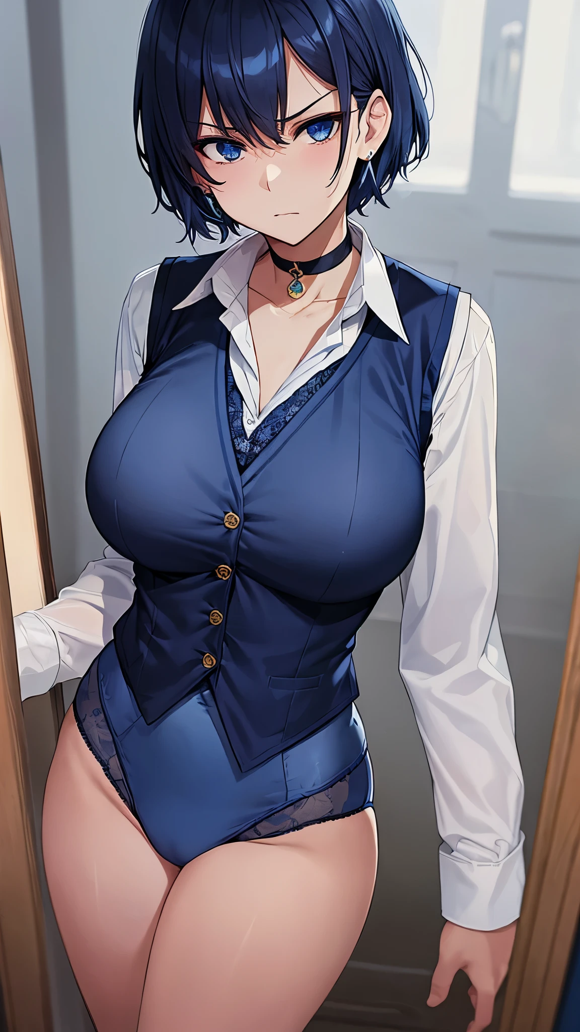 ((Best quality)), ((masterpiece)), 1 girl, sexy, stylish, mature, elegant, evil, sharp jawline, dressed in a silver-blue long coat and black translucent stockings, big boobs, shirtless, braless, black sexy panties, blue colored inner hair, smooth shiny skin.