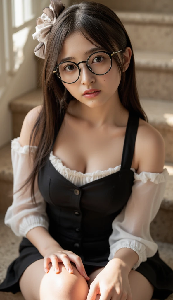 Black hair, glasses, stud earrings, vintage, feminine, 8k, masterpiece, best quality, excellent detail) , (high saturation, best shadows, best light, extremely delicate bleaching) dark style
